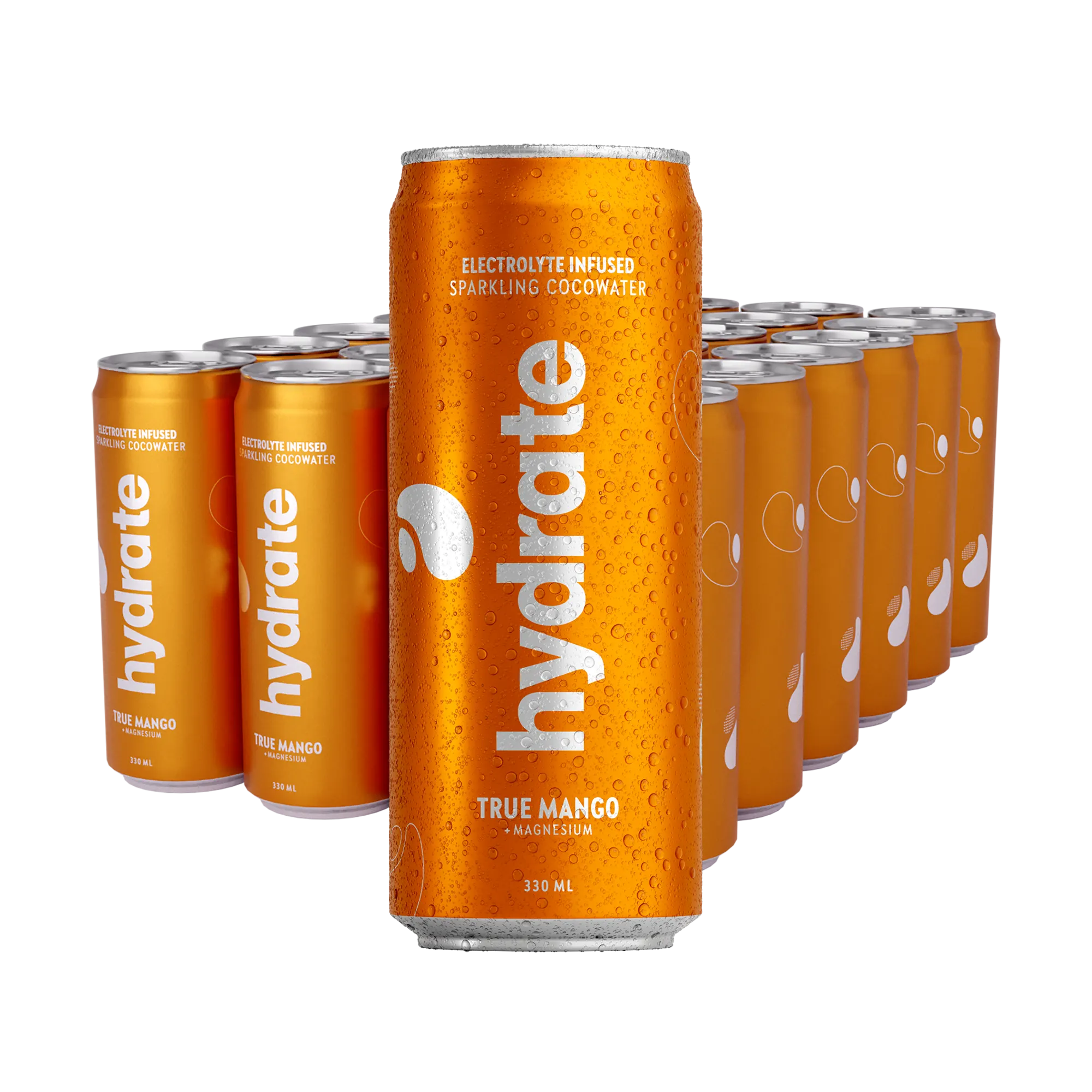 24 x Hydrate 330 ml True Mango i ett flak med orangea burkar täckta av kondens och silvrig text., bild 1 av 1