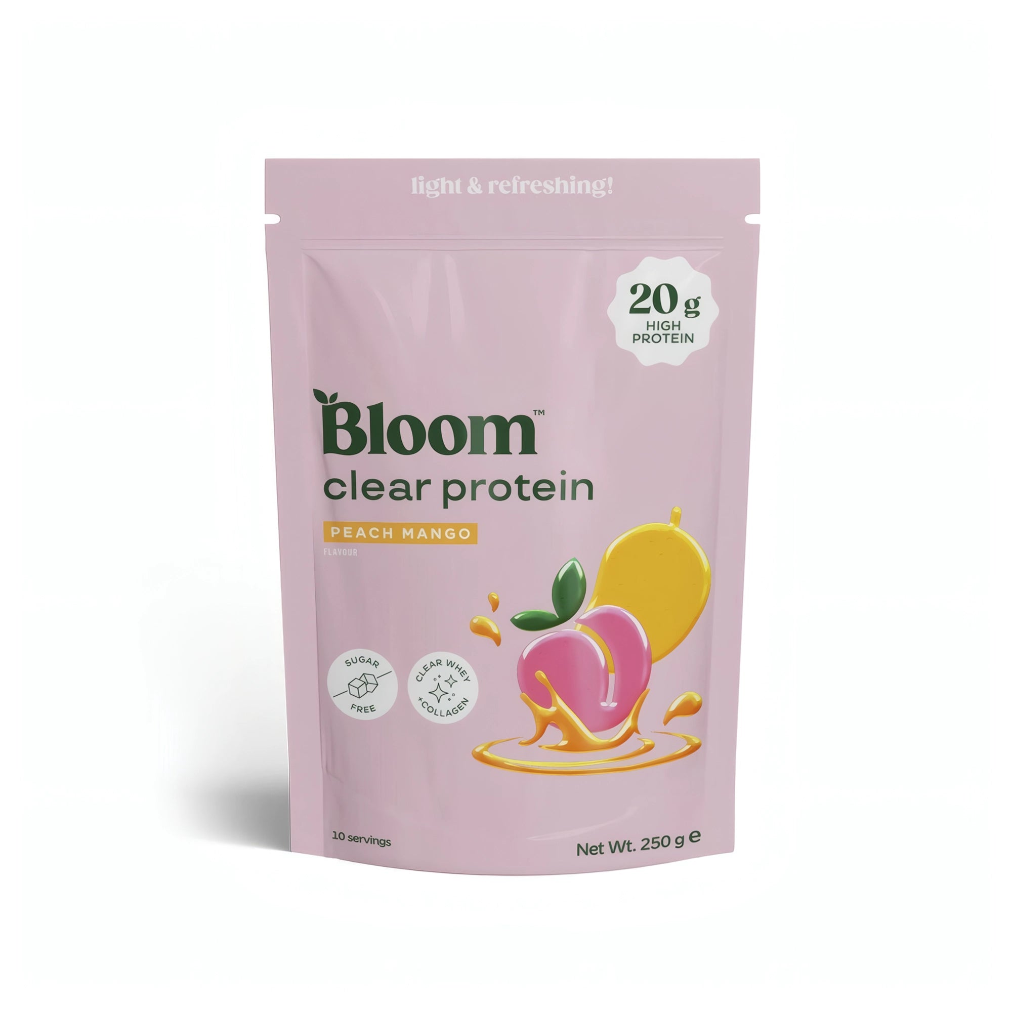 Bloom Clear Protein Collagen 250 g proteinpulver i en ljusrosa påse för smaken Peach Mango., bild 1 av 2