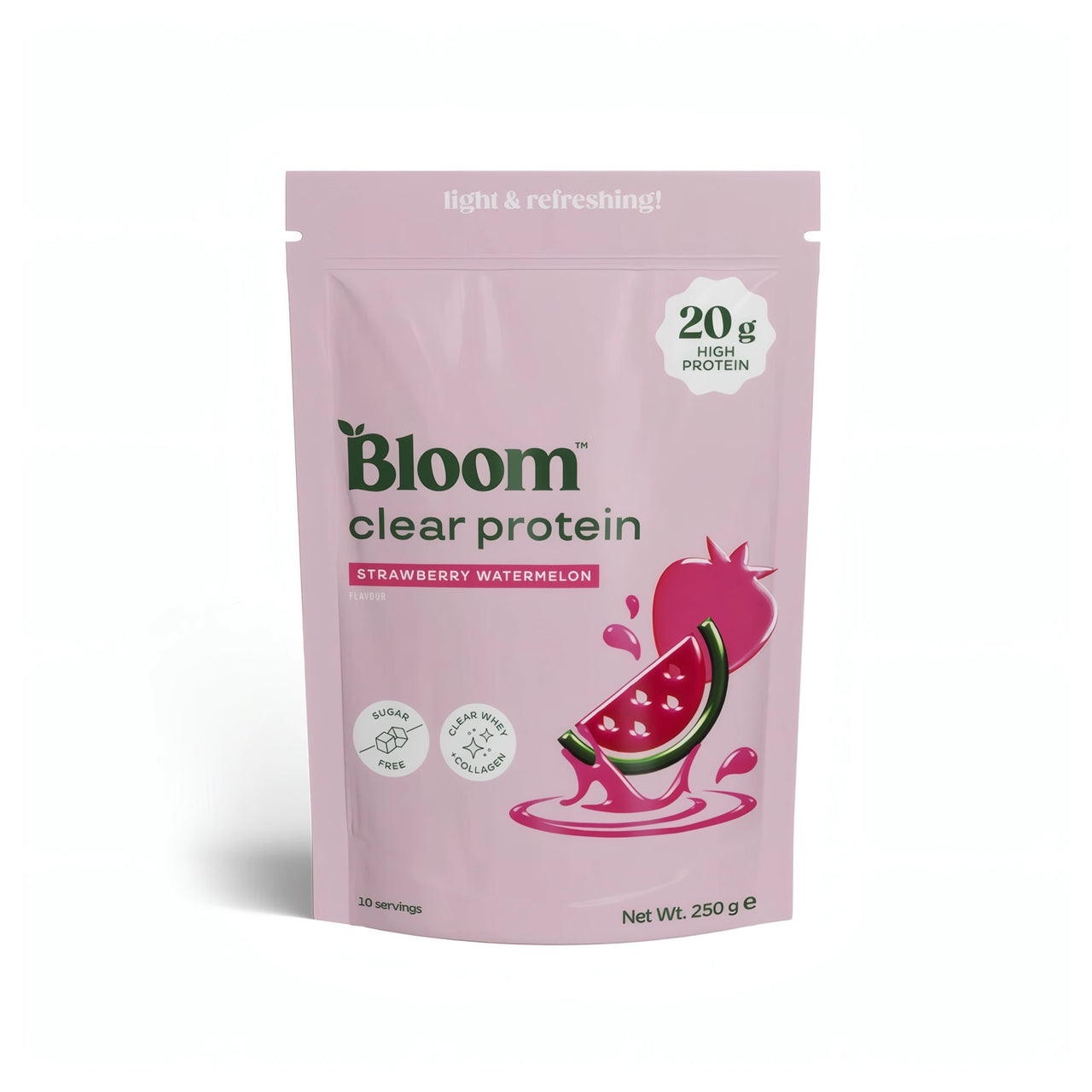 Bloom Clear Protein Collagen 250 g proteinpulver i en rosa påse för smaken Strawberry Watermelon.