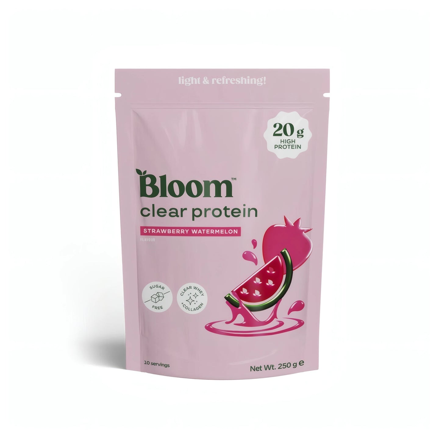 Bloom Clear Protein Collagen 250 g proteinpulver i en rosa påse för smaken Strawberry Watermelon., bild 2 av 2