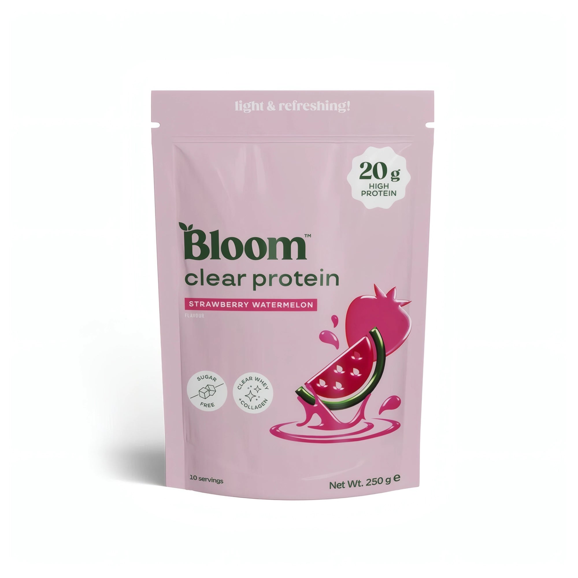 Bloom Clear Protein Collagen 250 g proteinpulver i en rosa påse för smaken Strawberry Watermelon., bild 2 av 2