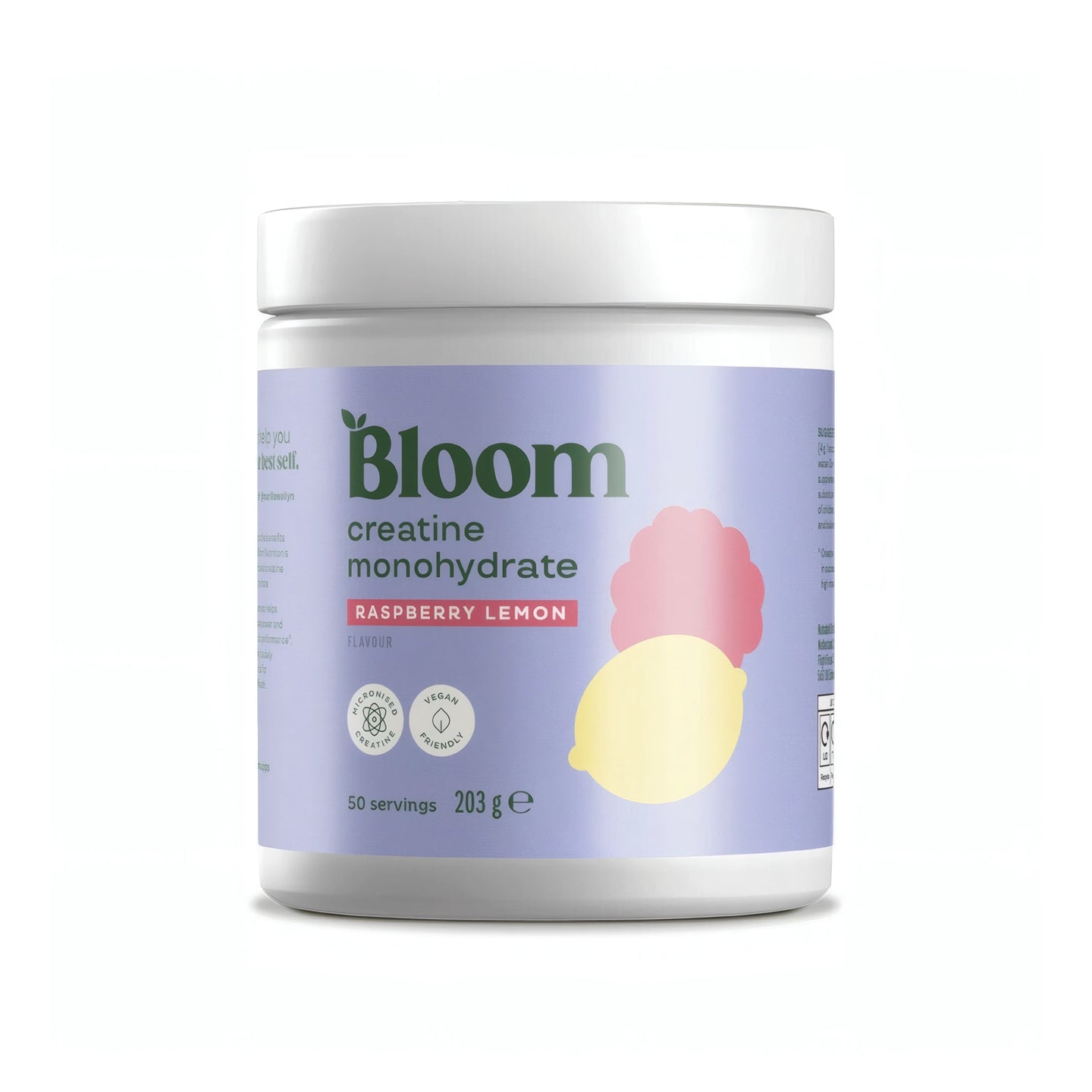 Bloom Creatine 203 g kreatinpulver i en vit burk med ljuslila etikett för smaken Raspberry Lemon., bild 1 av 1