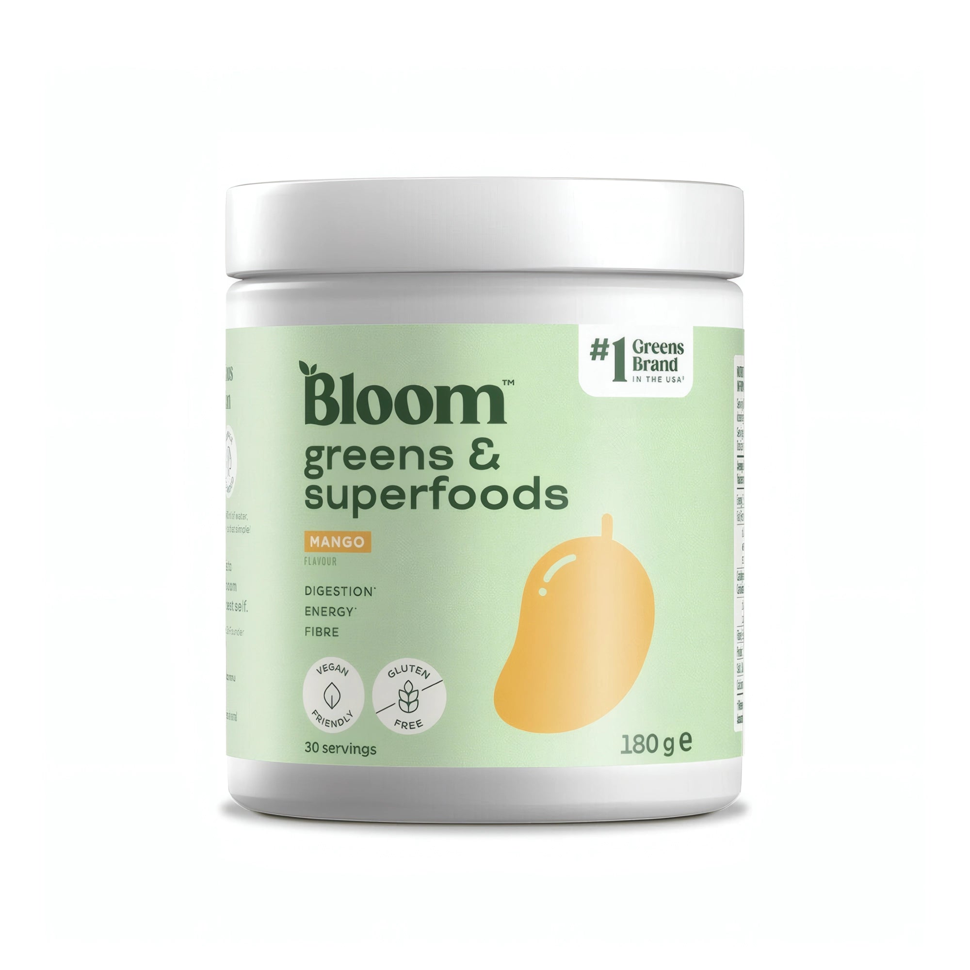 Bloom Greens 180 g greenspulver i en vit burk med ljusgrön etikett för smaken Mango., bild 1 av 4