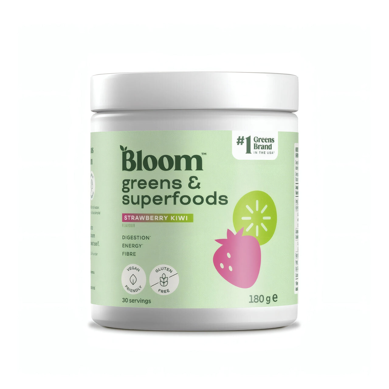 Bloom Greens 180 g greenspulver i en vit burk med ljusgrön etikett för smaken Strawberry Kiwi.