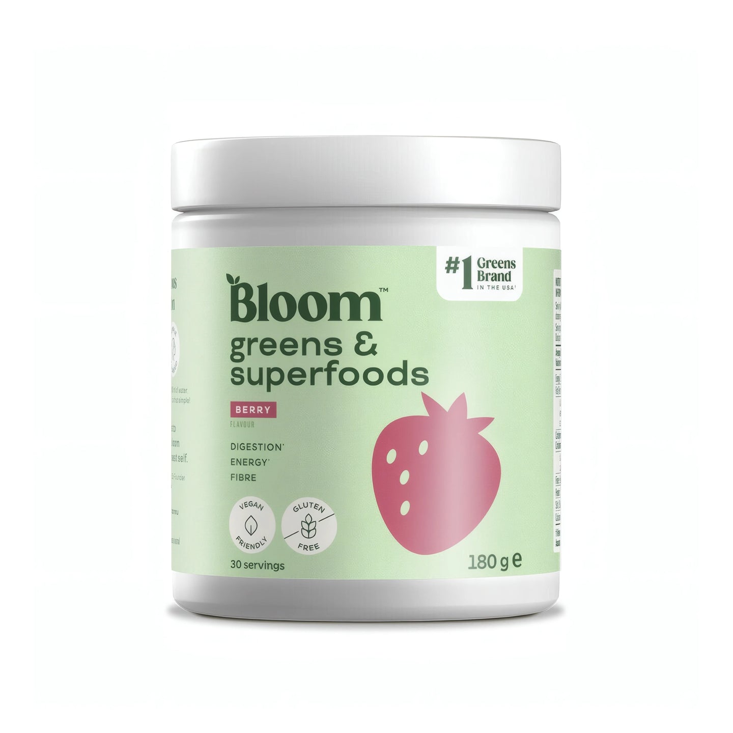 Bloom Greens 180 g greenspulver i en vit burk med grön etikett för smaken Berry., bild 3 av 4