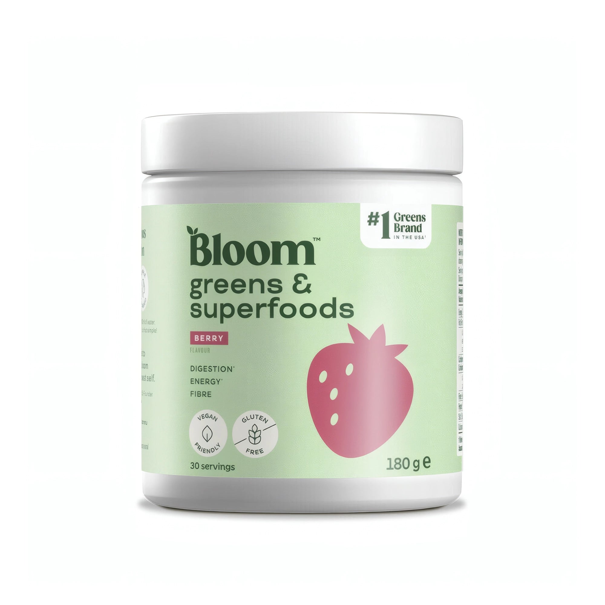 Bloom Greens 180 g greenspulver i en vit burk med grön etikett för smaken Berry., bild 3 av 4