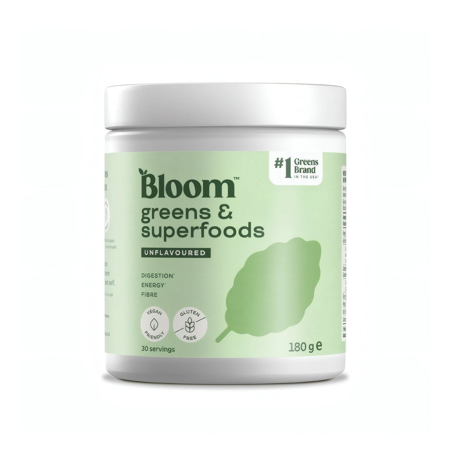 Bloom Greens 180 g greenspulver i en vit burk med ljusgrön etikett för smaken Original., bild 4 av 4
