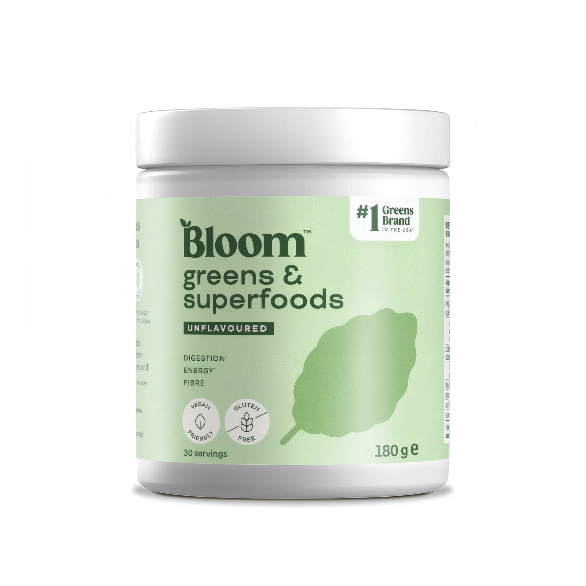 Bloom Greens 180 g greenspulver i en vit burk med ljusgrön etikett för smaken Original., bild 4 av 4