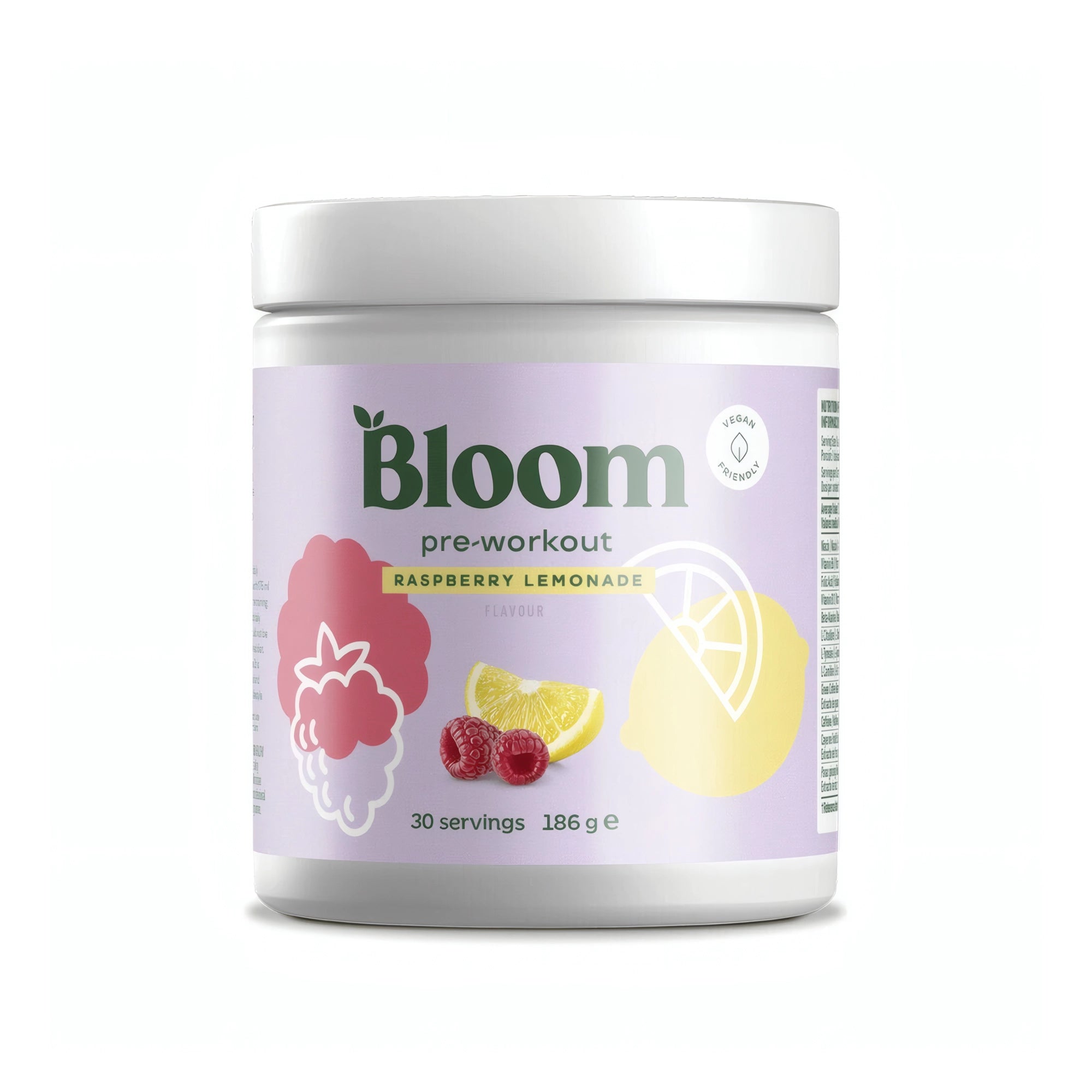 Bloom PWO 180 g pre-workout i en vit burk med ljuslila etikett för smaken Raspberry Lemonade., bild 1 av 2