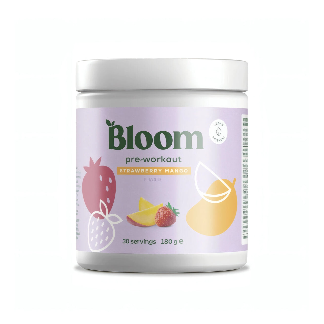Bloom PWO 180 g pre-workout i en vit burk med ljuslila etikett för smaken Strawberry Mango.