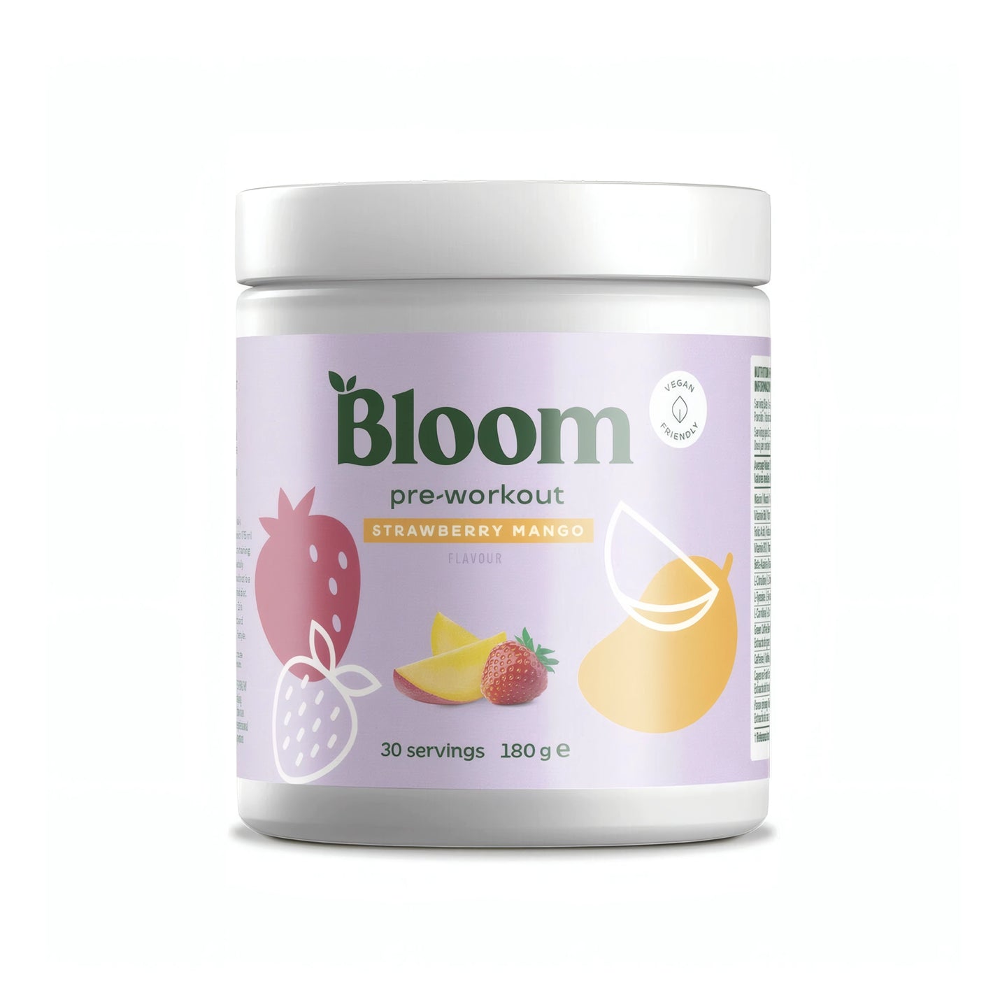 Bloom PWO 180 g pre-workout i en vit burk med ljuslila etikett för smaken Strawberry Mango., bild 2 av 2