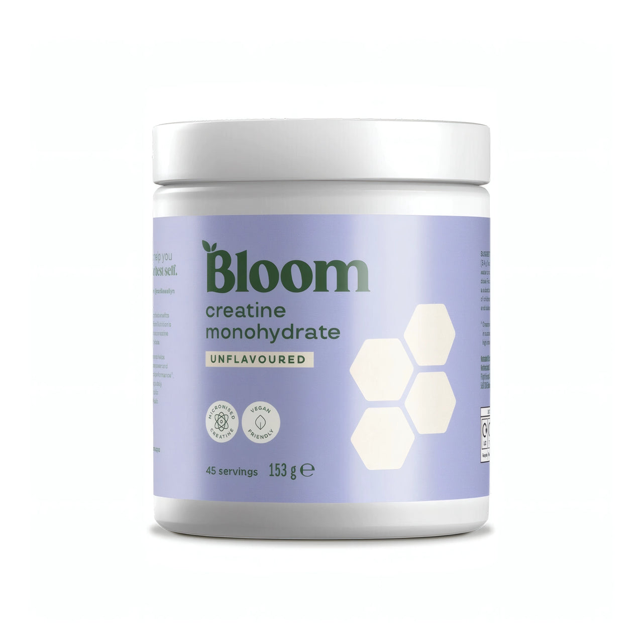 Bloom Creatine 153 g Naturell kreatinpulver i en vit burk med ljuslila etikett.