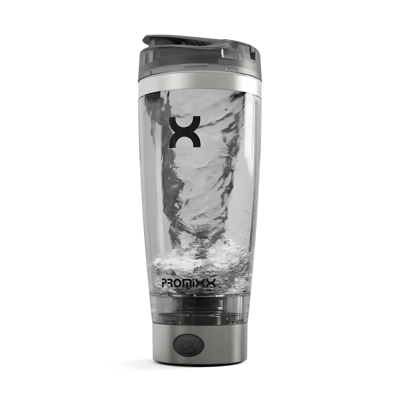 ProMixx PRO Electric Shaker 600 ml Stainless Steel med rostfri botten och en aktiv vattenvirvel inuti flaskan.