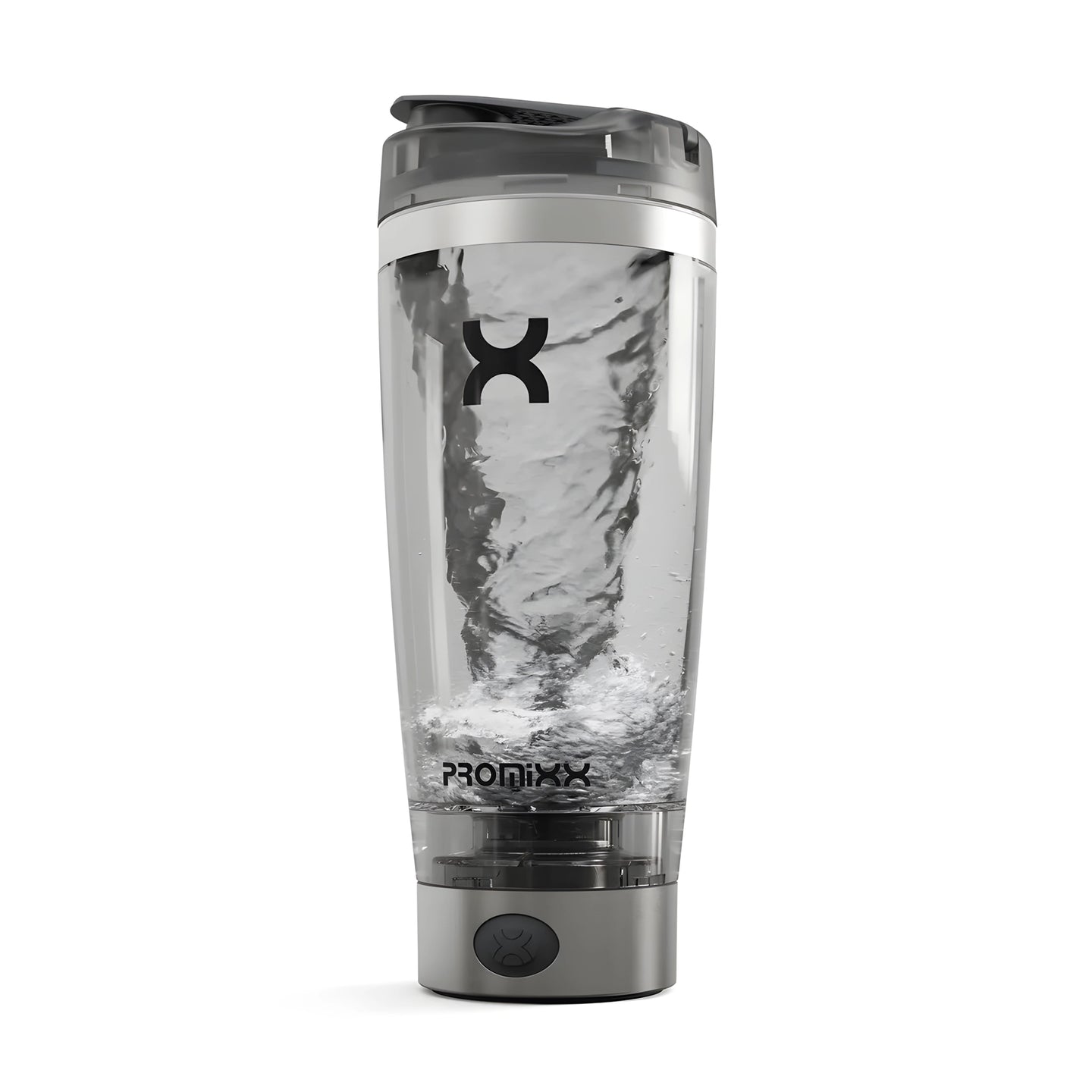 ProMixx PRO Electric Shaker 600 ml Stainless Steel med rostfri botten och en aktiv vattenvirvel inuti flaskan., bild 1 av 1