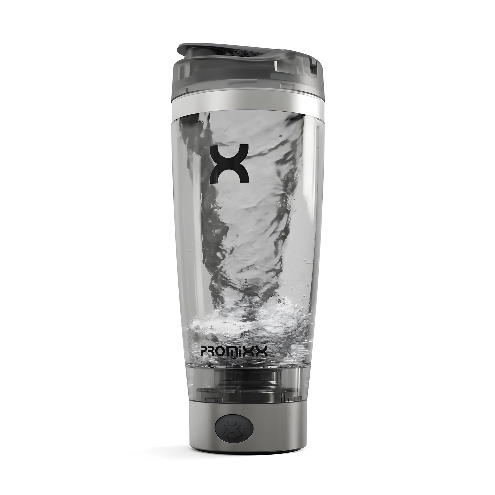ProMixx PRO Electric Shaker 600 ml Stainless Steel med rostfri botten och en aktiv vattenvirvel inuti flaskan., bild 1 av 1