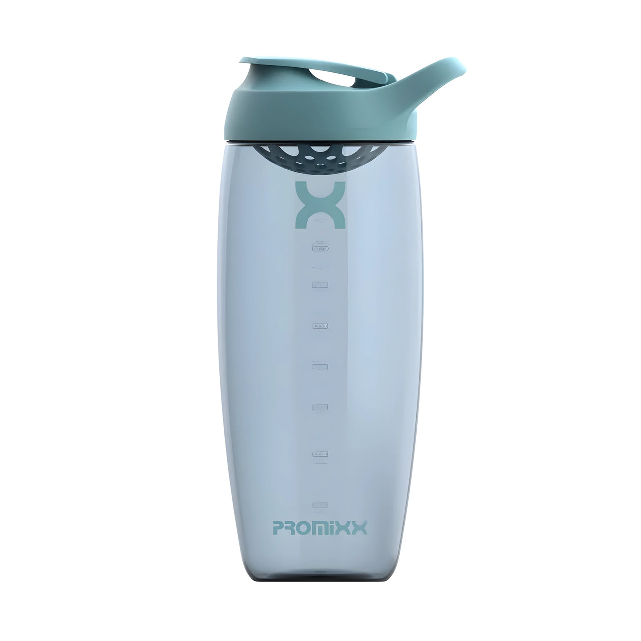 ProMixx Pursuit Shaker Bottle 950 ml med transparent glasliknande yta, inbyggd agitator och ljusgrönt lock.