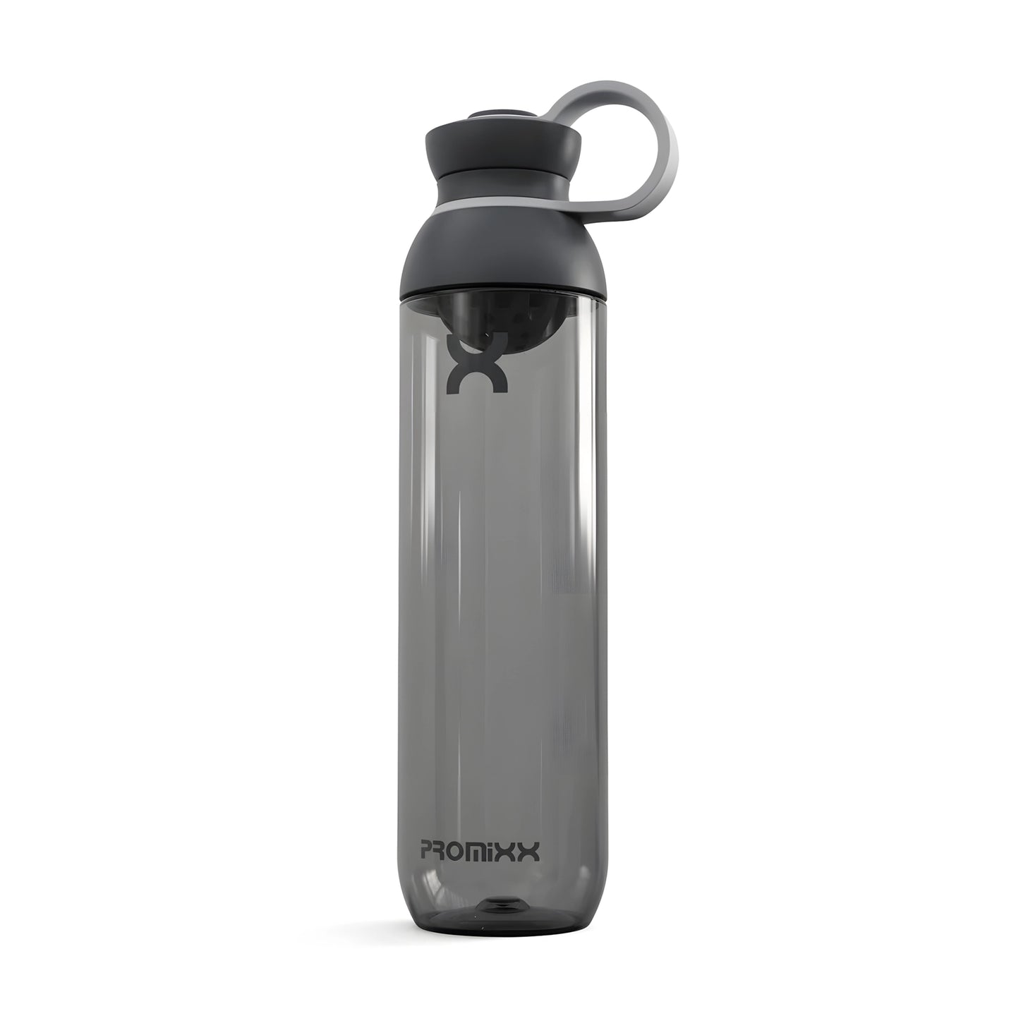 ProMixx Form Hybrid Bottle 760 ml, en transparent grafitgrå shakerflaska med mörkgrått lock och bärloop., bild 2 av 3