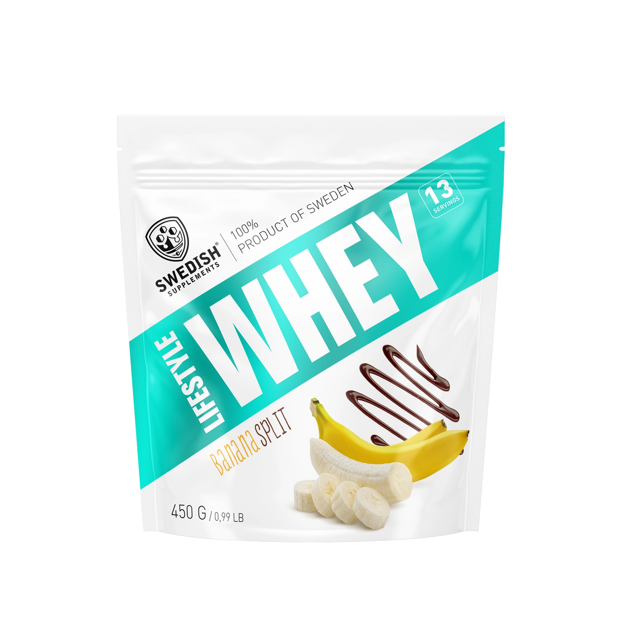 Swedish Supplements Lifestyle Whey 450 g proteinpulver i en vit och turkos påse för smaken Banana Split.