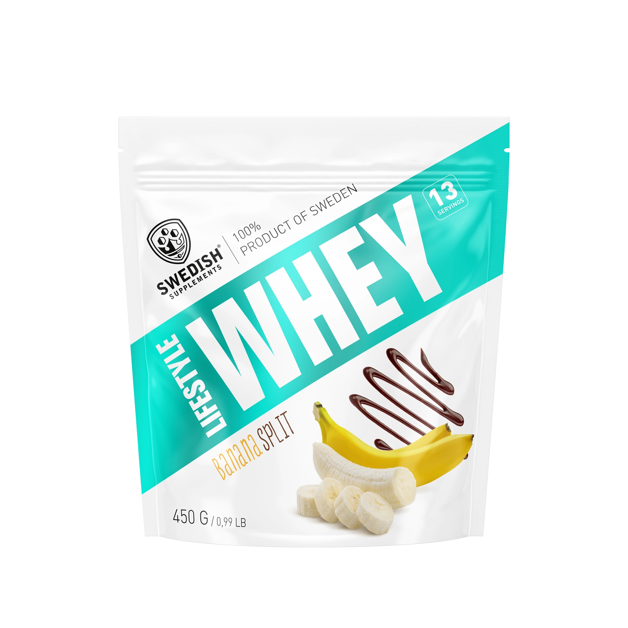 Swedish Supplements Lifestyle Whey 450 g proteinpulver i en vit och turkos påse för smaken Banana Split., bild 1 av 8