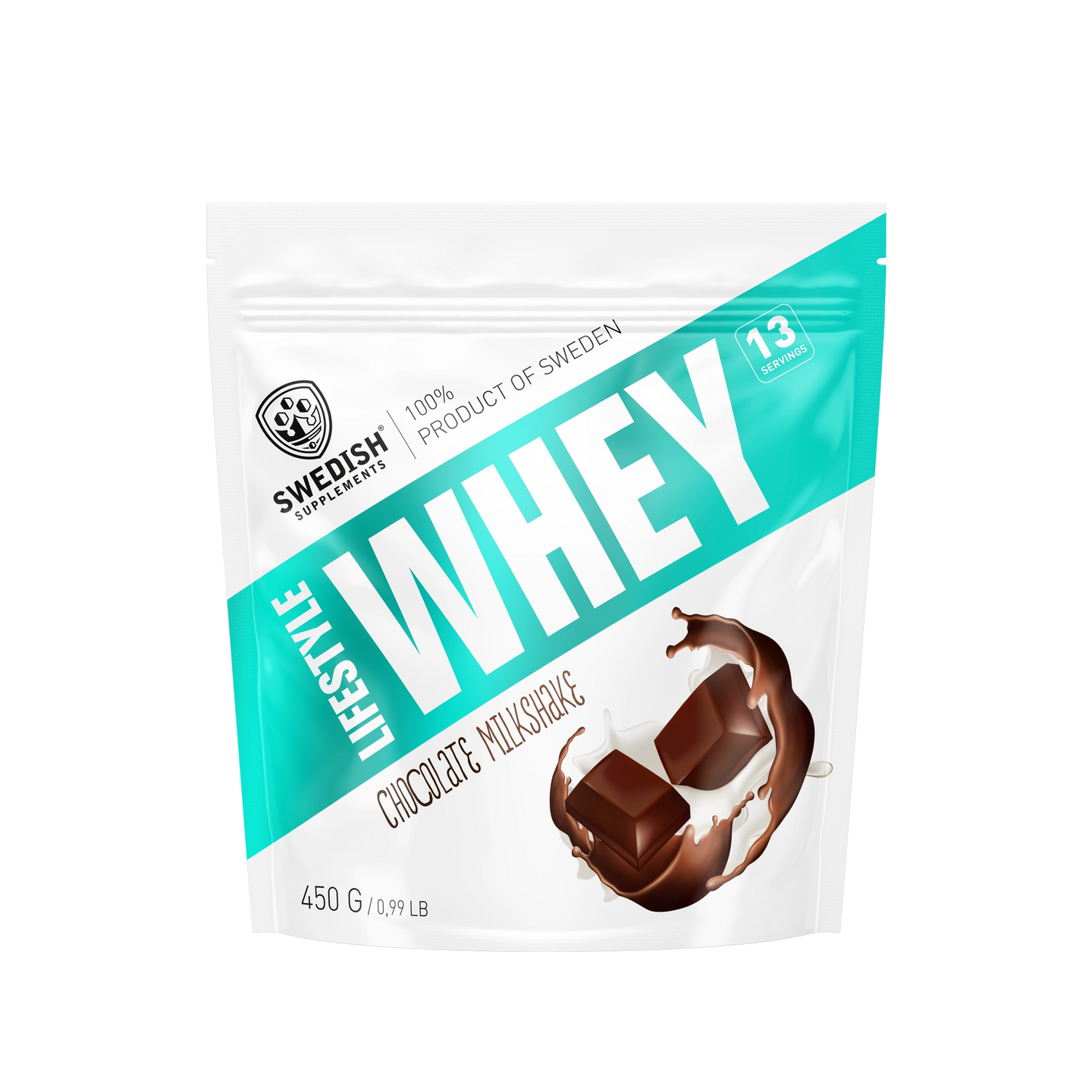 Swedish Supplements Lifestyle Whey 450 g proteinpulver i en vit påse med turkosa detaljer för smaken Chocolate Milkshake., bild 2 av 8