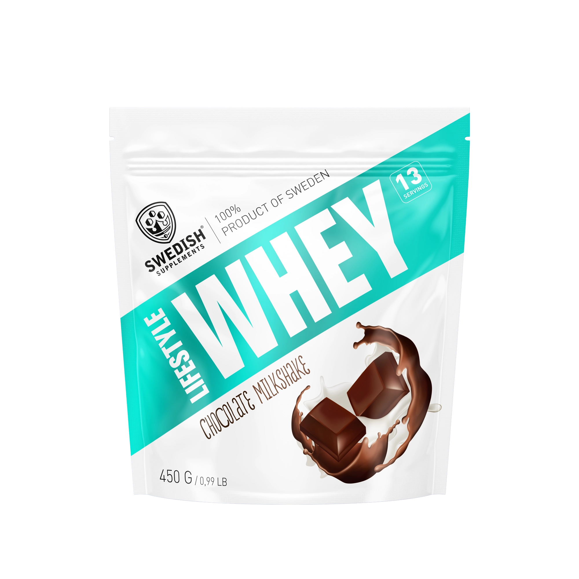 Swedish Supplements Lifestyle Whey 450 g proteinpulver i en vit påse med turkosa detaljer för smaken Chocolate Milkshake., bild 2 av 8