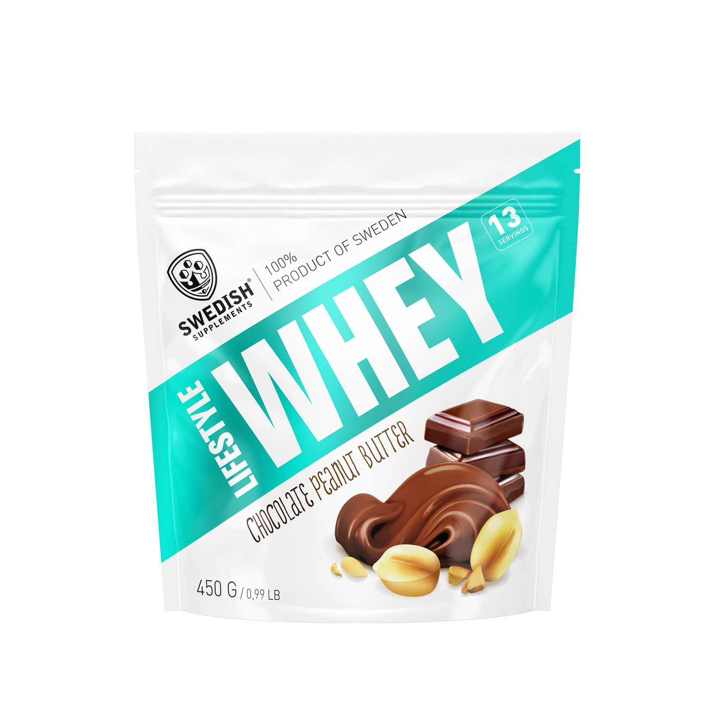 Swedish Supplements Lifestyle Whey 450 g proteinpulver i en vit och turkos påse för smaken Chocolate Peanut Butter., bild 3 av 8