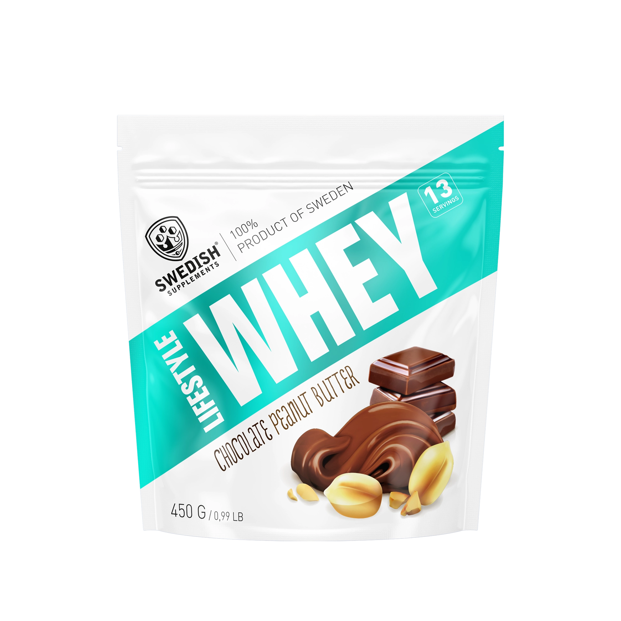 Swedish Supplements Lifestyle Whey 450 g proteinpulver i en vit och turkos påse för smaken Chocolate Peanut Butter., bild 3 av 8