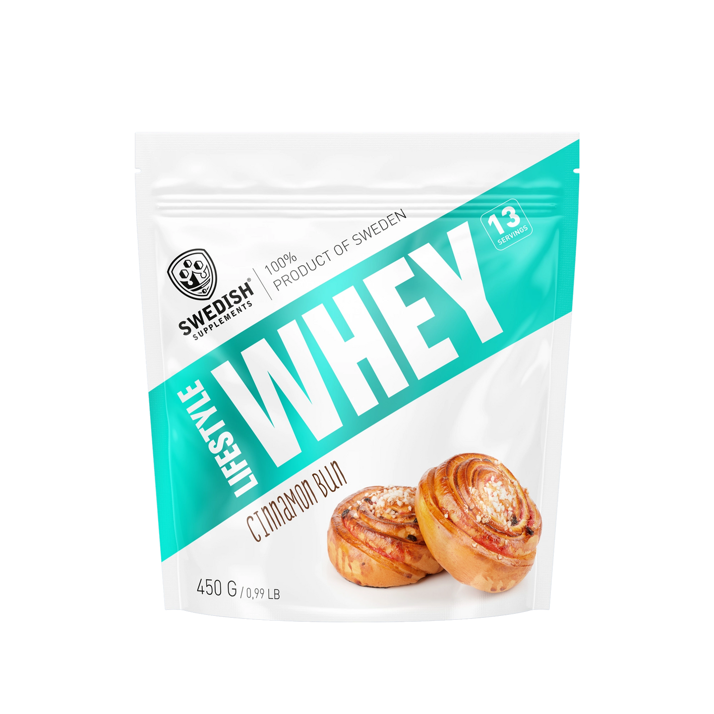 Swedish Supplements Lifestyle Whey 450 g proteinpulver i en vit och turkos påse för smaken Cinnamon Bun., bild 4 av 8