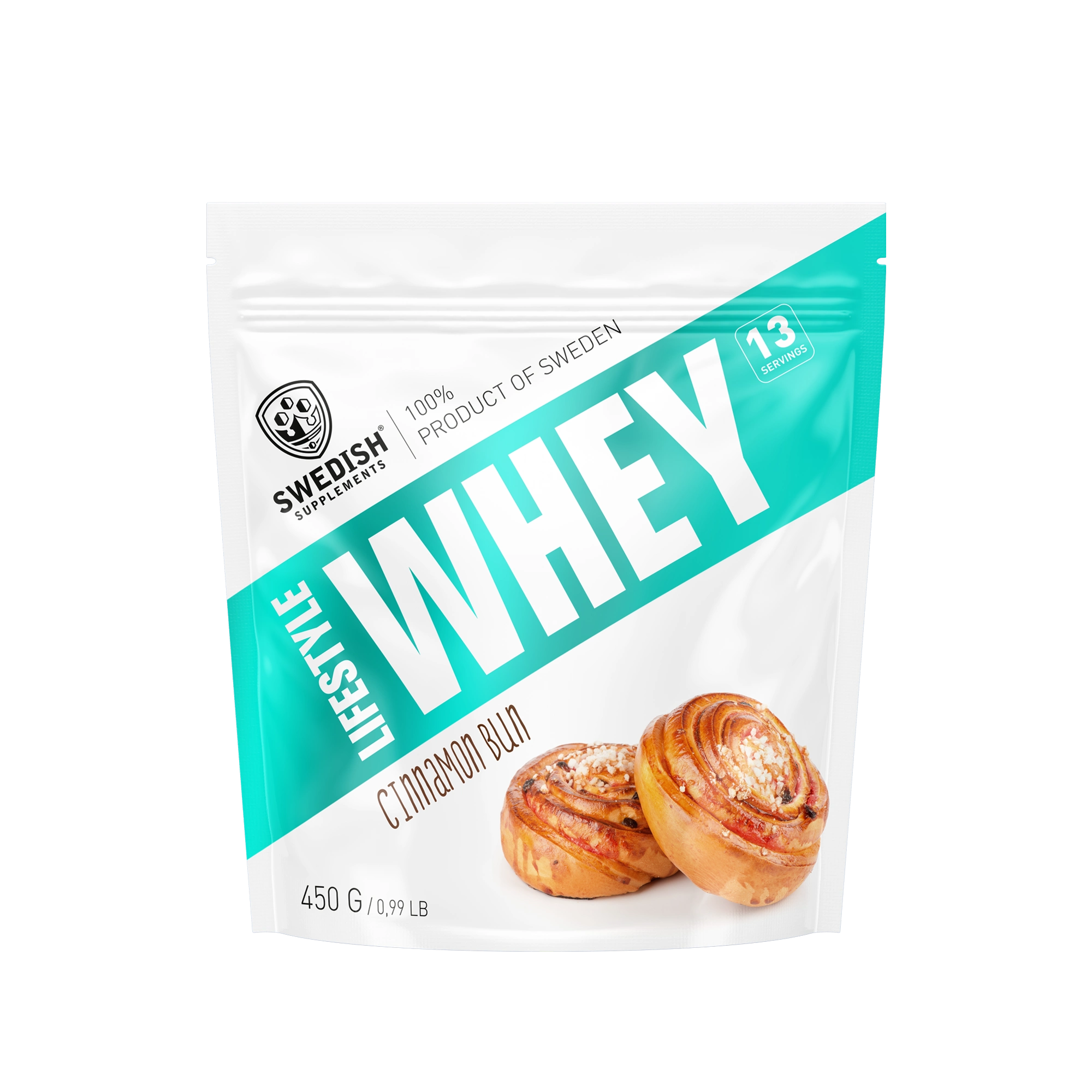 Swedish Supplements Lifestyle Whey 450 g proteinpulver i en vit och turkos påse för smaken Cinnamon Bun., bild 4 av 8