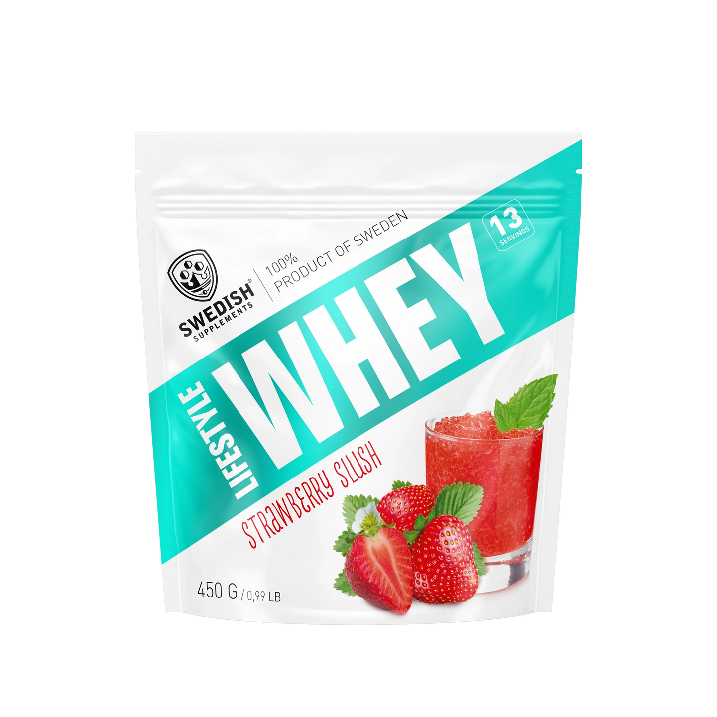 Swedish Supplements Lifestyle Whey 450 g proteinpulver i en vit och turkos påse för smaken Strawberry Slush., bild 5 av 8
