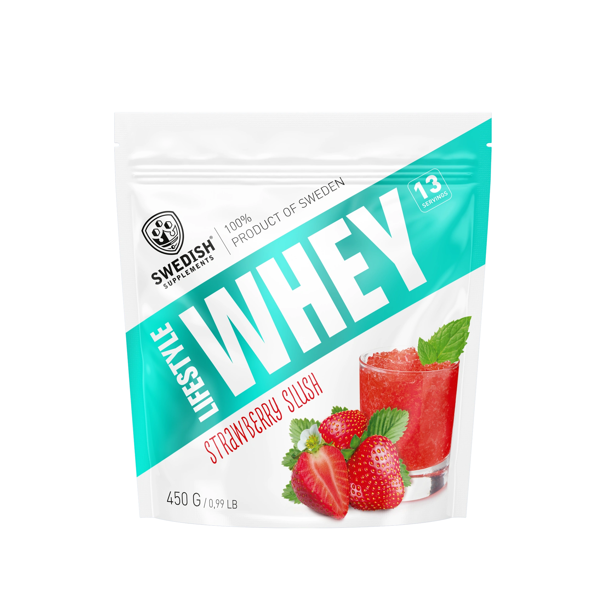 Swedish Supplements Lifestyle Whey 450 g proteinpulver i en vit och turkos påse för smaken Strawberry Slush., bild 5 av 8