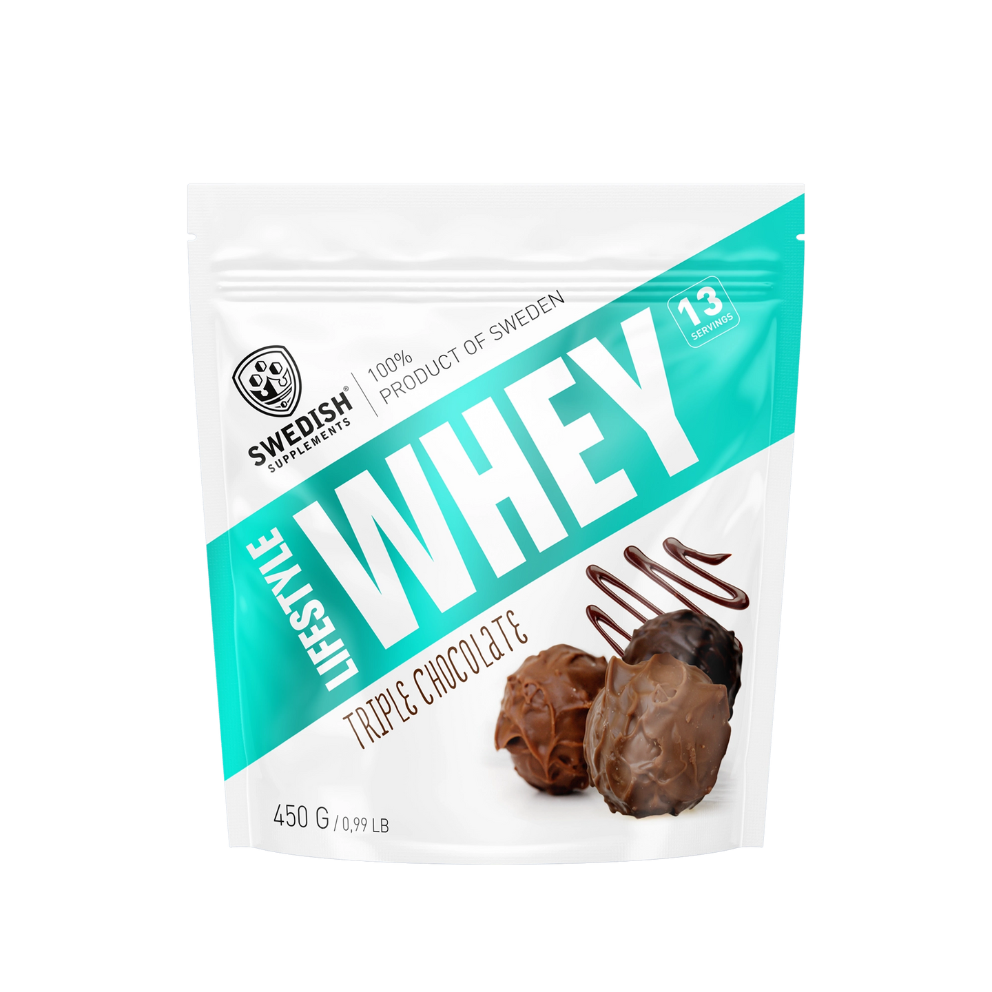 Swedish Supplements Lifestyle Whey 450 g proteinpulver i en vit påse med turkosa detaljer för smaken Triple Chocolate., bild 6 av 8
