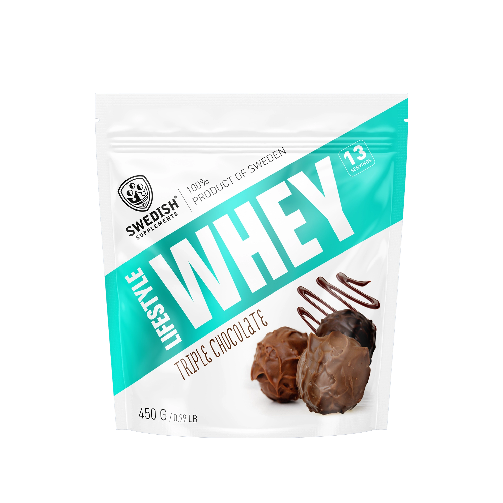 Swedish Supplements Lifestyle Whey 450 g proteinpulver i en vit påse med turkosa detaljer för smaken Triple Chocolate., bild 6 av 8