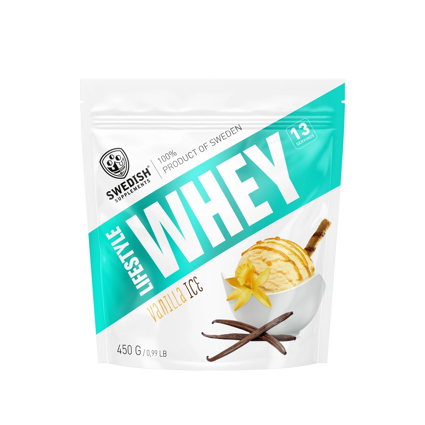 Swedish Supplements Lifestyle Whey 450 g proteinpulver i en vit påse med turkosa detaljer för smaken Vanilla Ice., bild 7 av 8