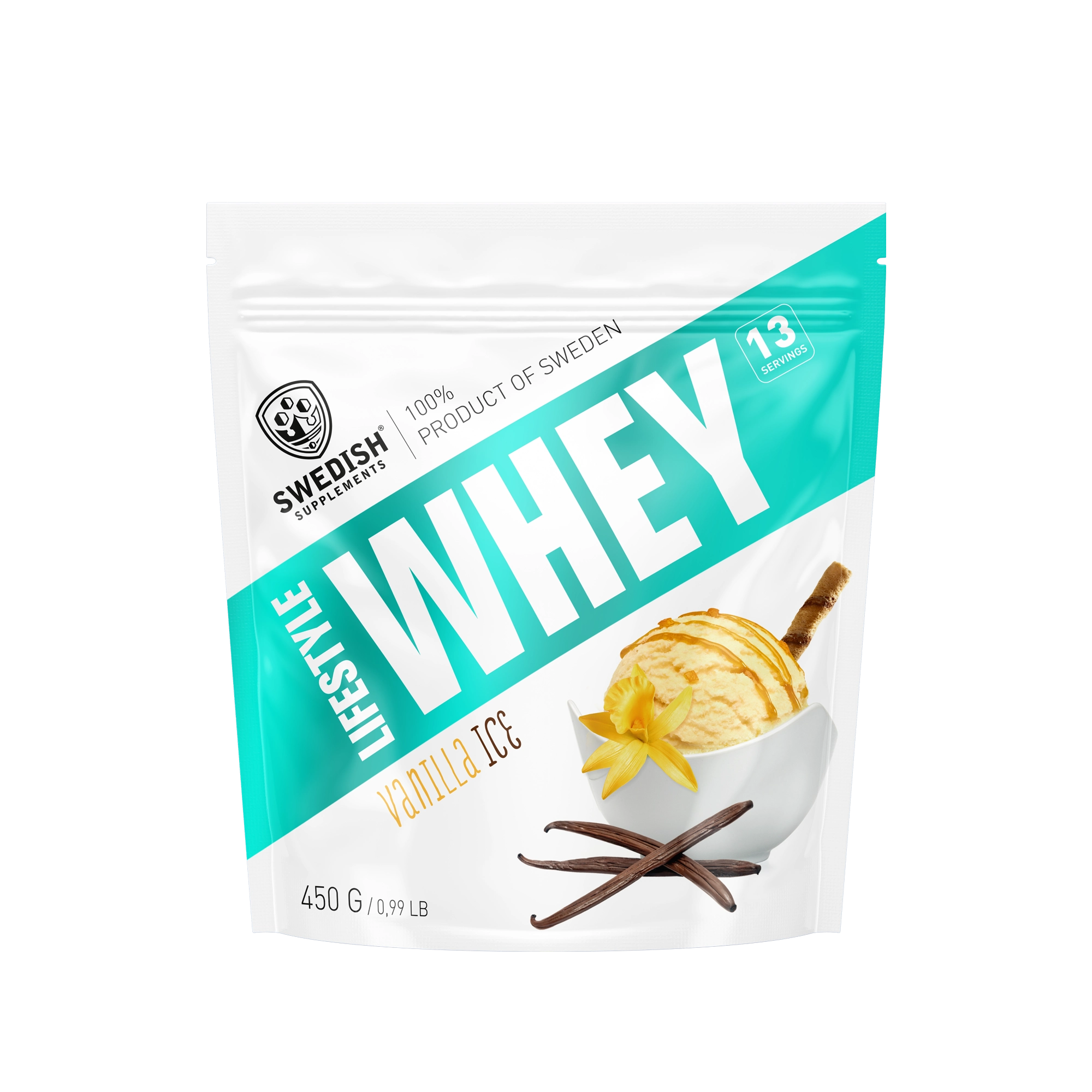 Swedish Supplements Lifestyle Whey 450 g proteinpulver i en vit påse med turkosa detaljer för smaken Vanilla Ice., bild 7 av 8