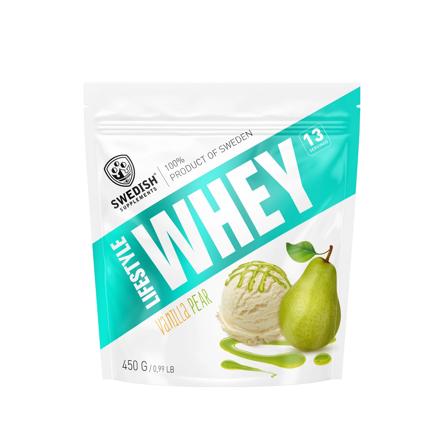 Swedish Supplements Lifestyle Whey 450 g proteinpulver i en vit påse med turkosa detaljer för smaken Vanilla Pear., bild 8 av 8