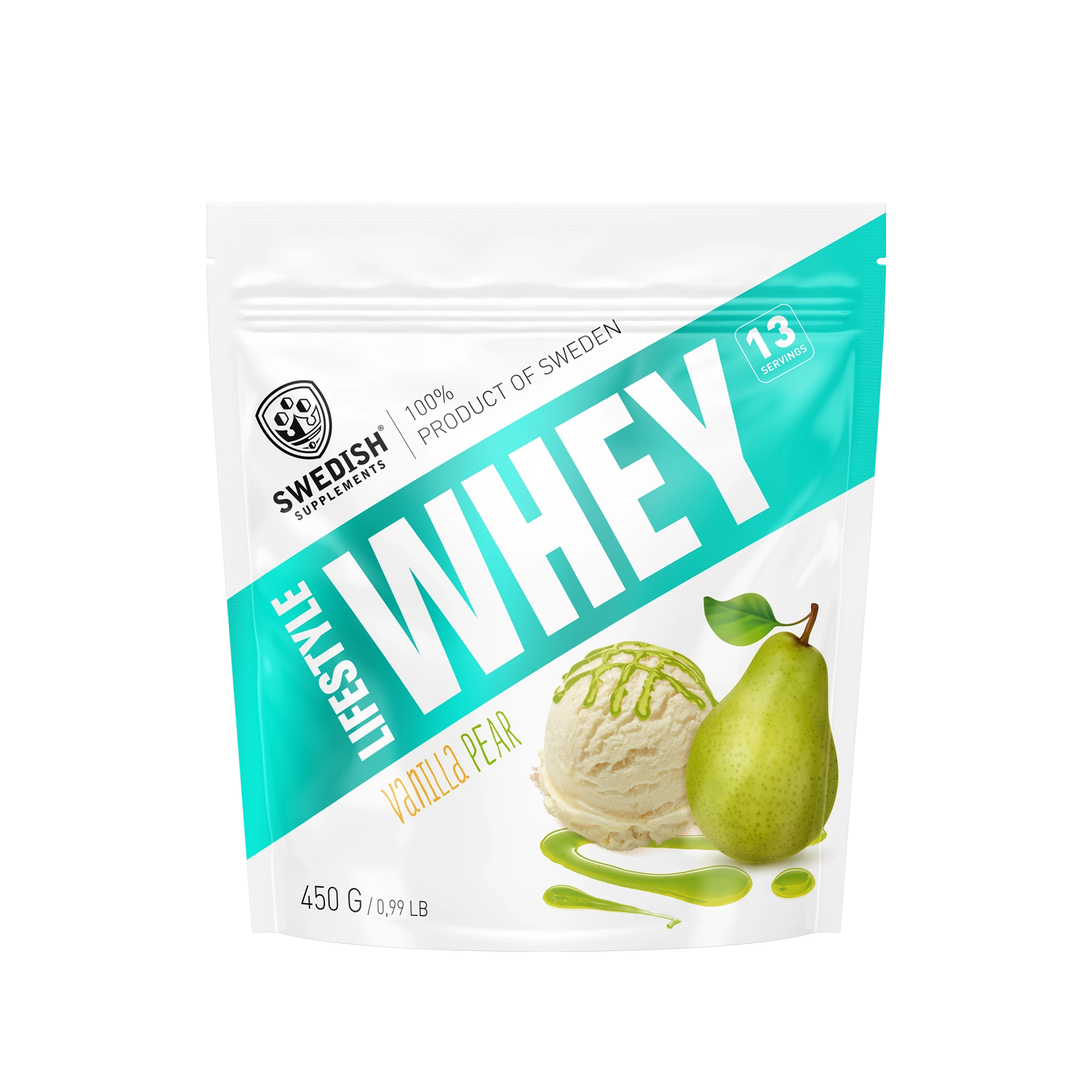 Swedish Supplements Lifestyle Whey 450 g proteinpulver i en vit påse med turkosa detaljer för smaken Vanilla Pear., bild 8 av 8
