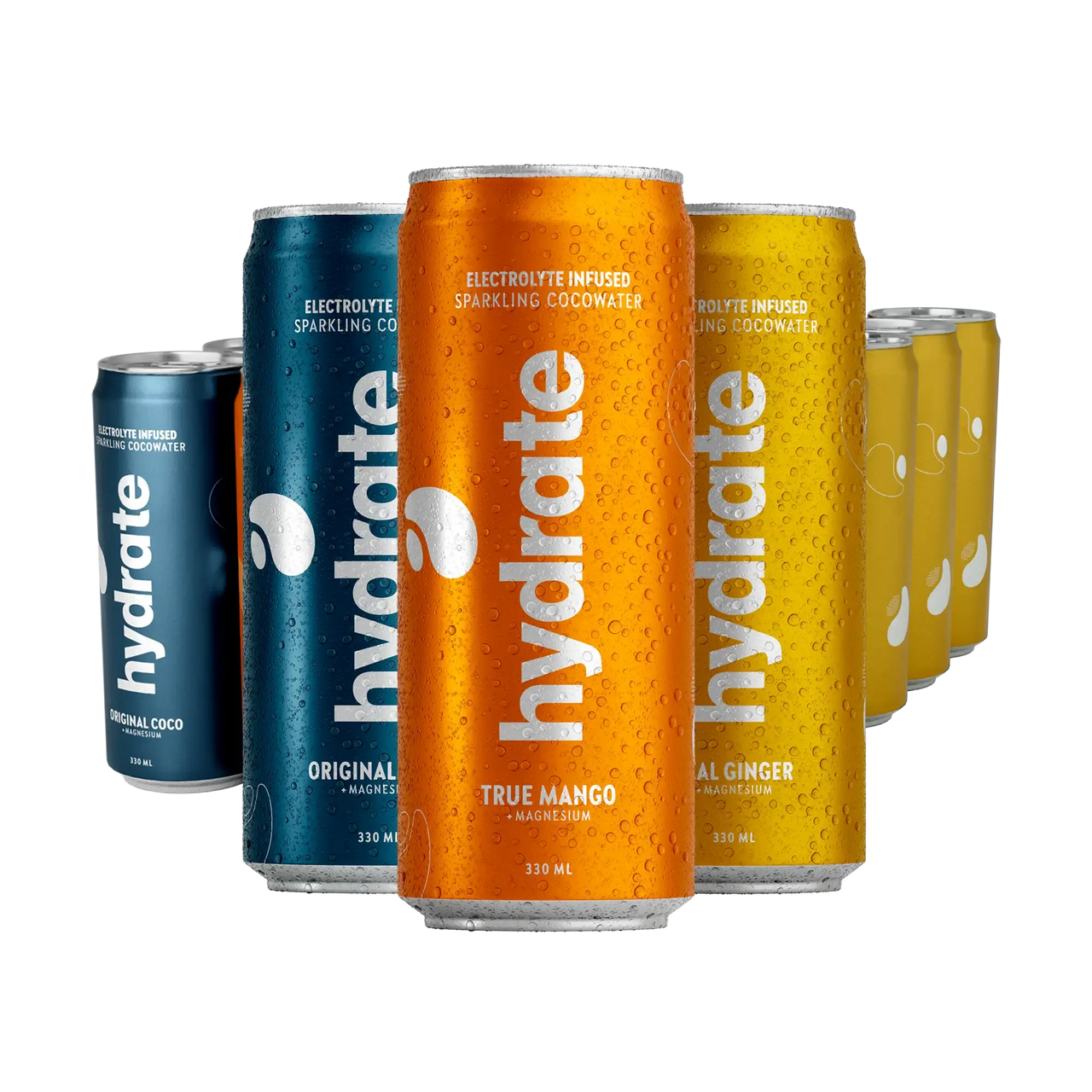 24 x Hydrate 330 ml Mixflak med kylda burkar i blått, orange och gult för olika smaker.