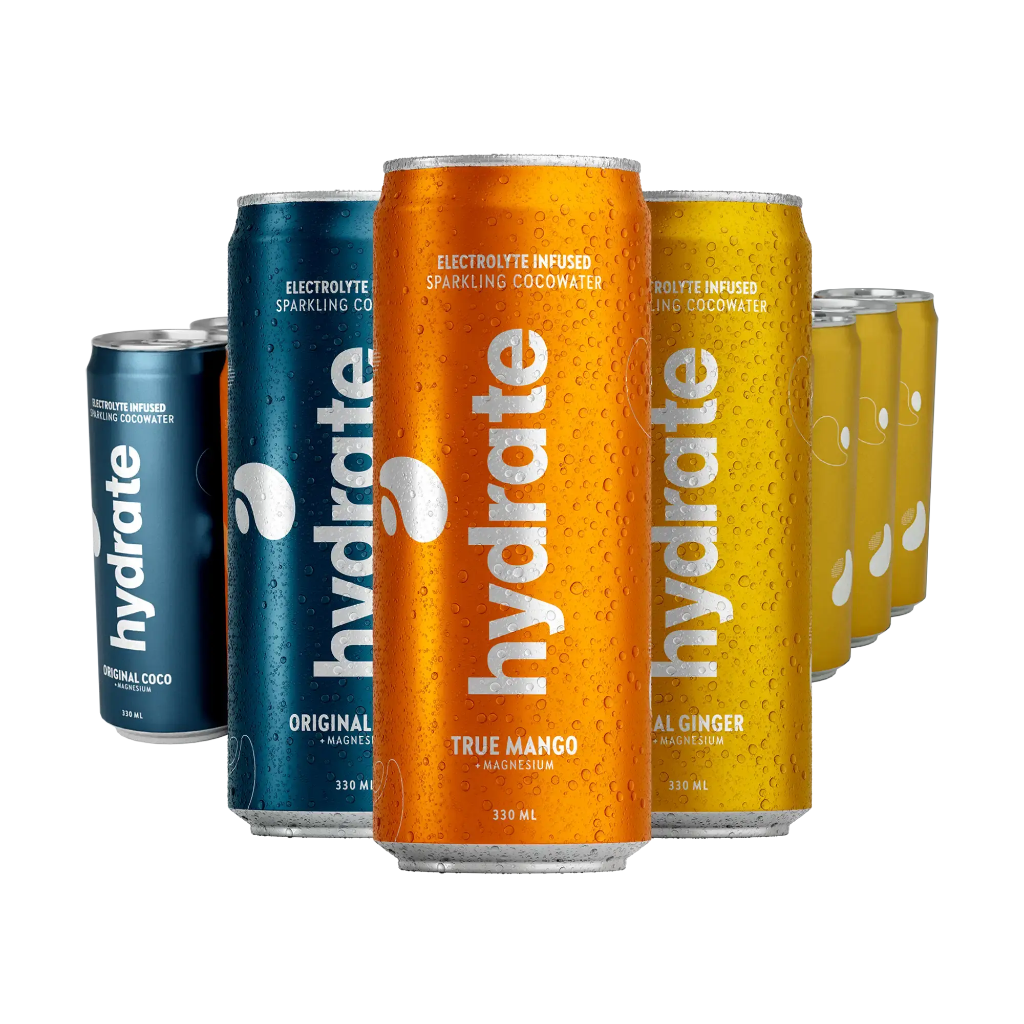 24 x Hydrate 330 ml Mixflak med kylda burkar i blått, orange och gult för olika smaker., bild 1 av 1