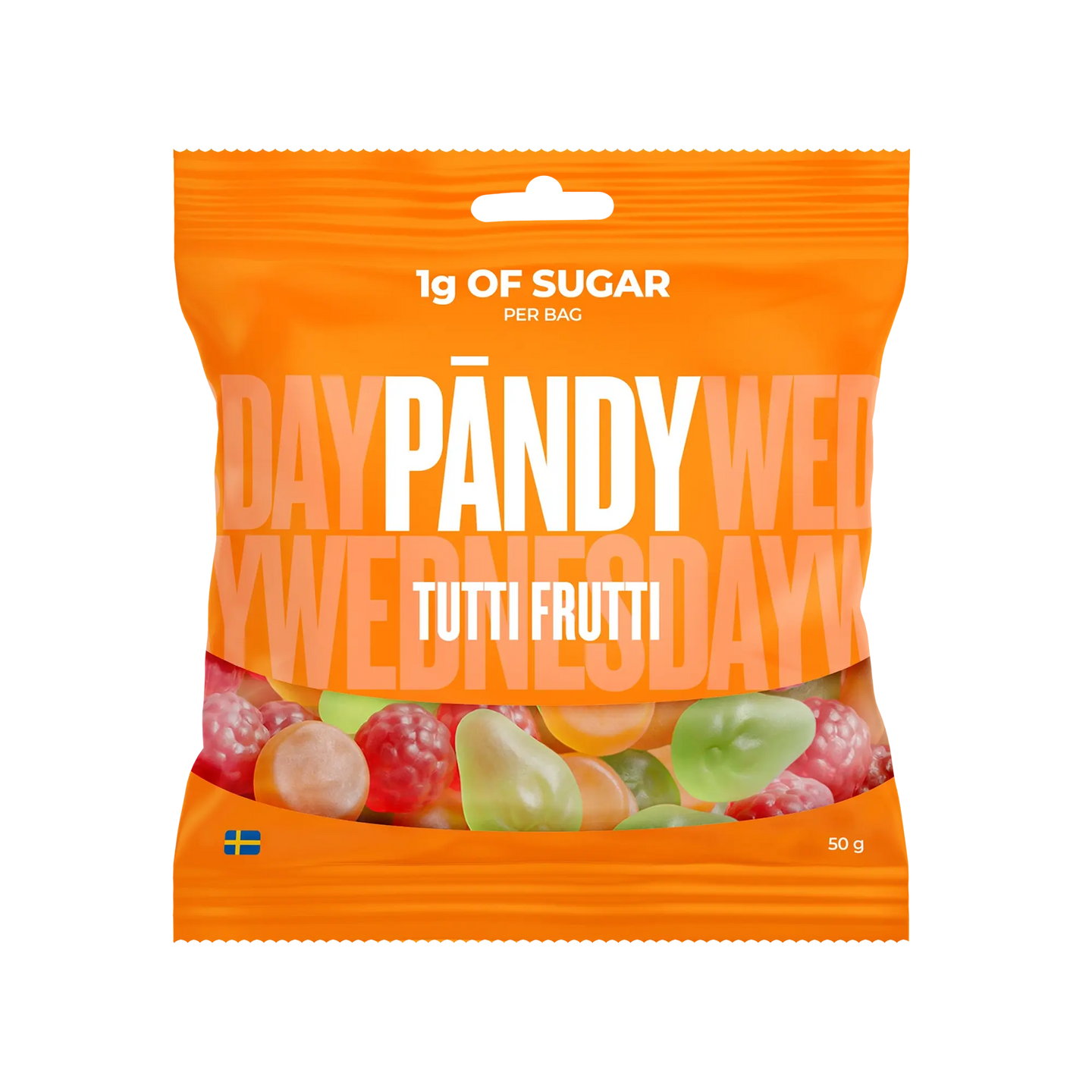 Pändy Candy 50 g Tutti Frutti i en orange påse med bild på färgglada gelégodisar., bild 1 av 1