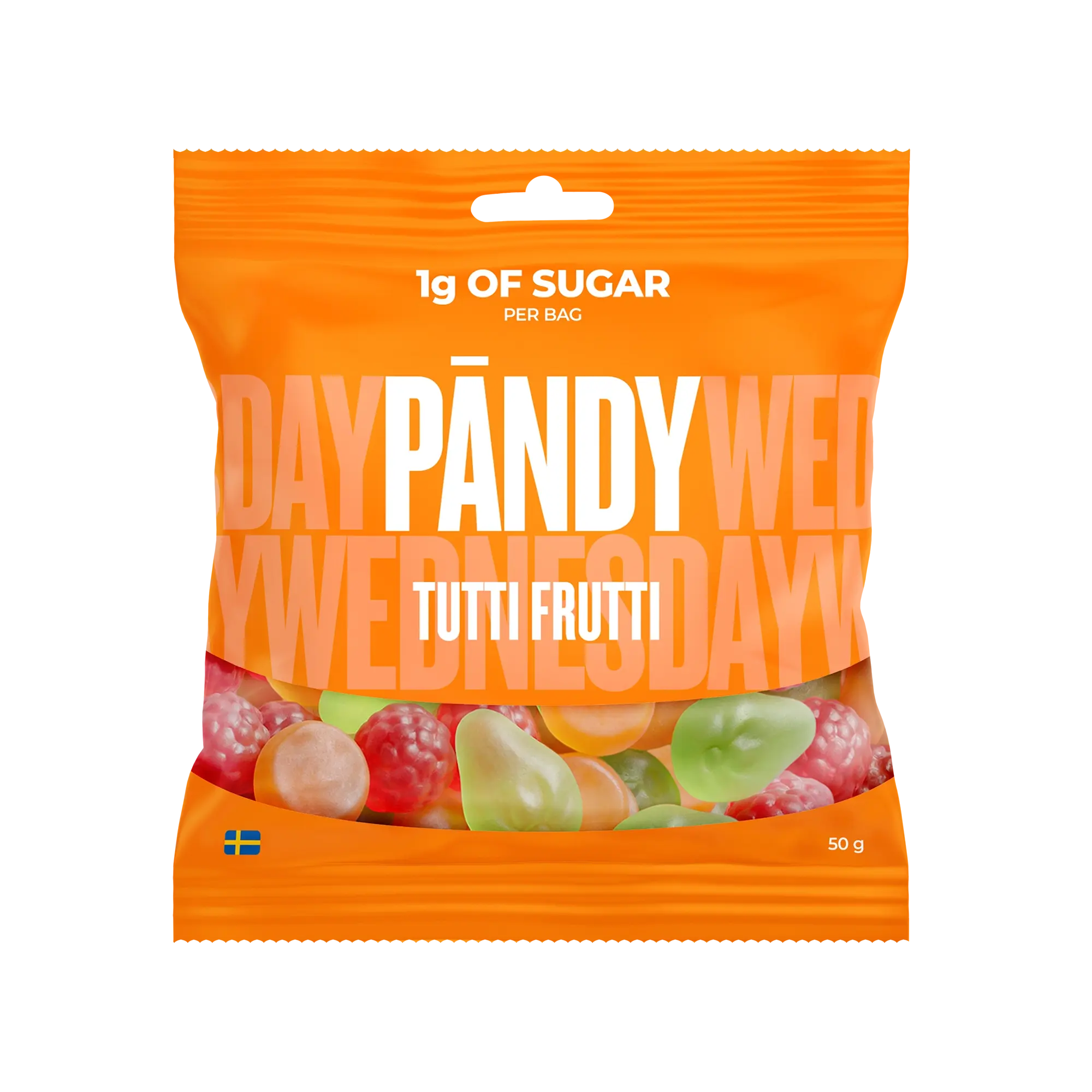 Pändy Candy 50 g Tutti Frutti i en orange påse med bild på färgglada gelégodisar., bild 1 av 1