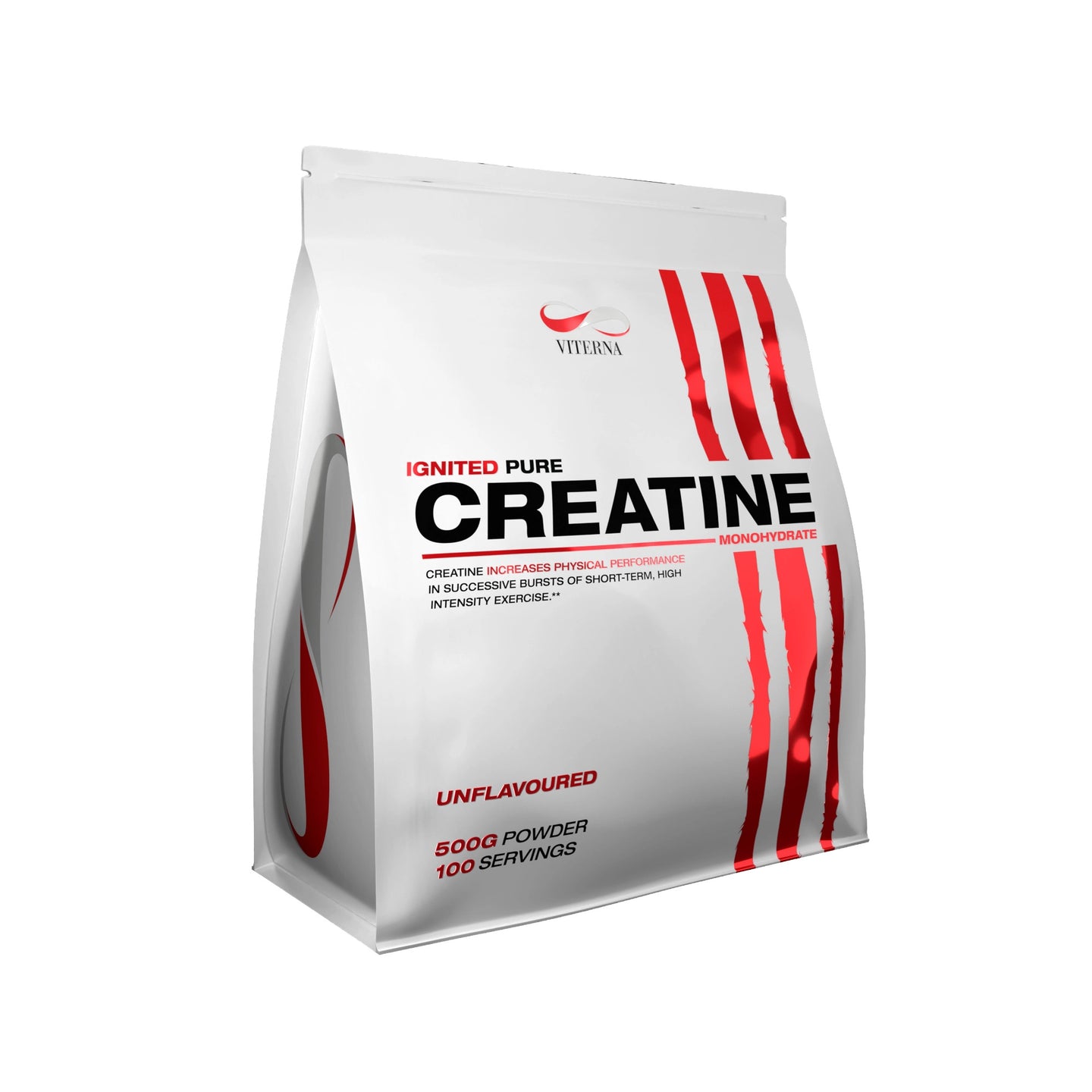 Viterna Ignited Pure Creatine 500 g kreatinpulver i en vit påse med röda detaljer utan smak., bild 1 av 1