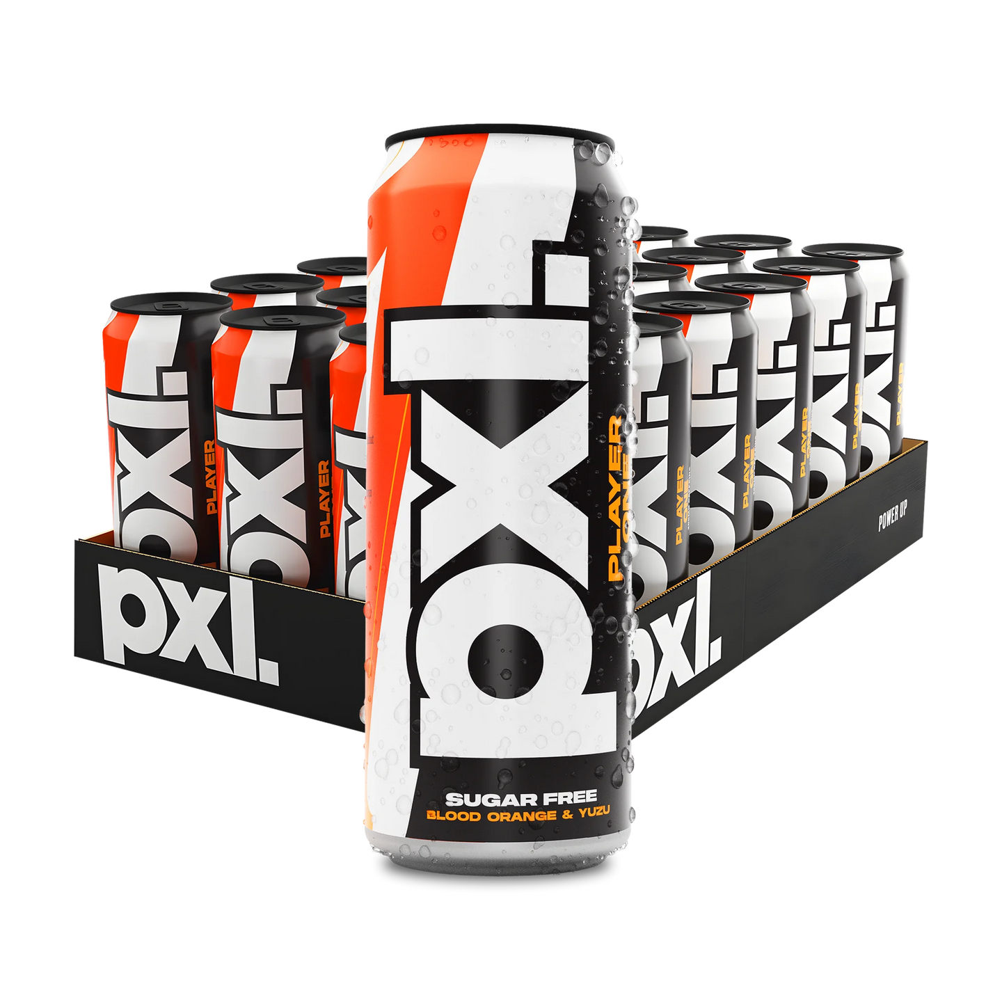24 x PXL Energy 500 ml Player One energidryck i ett flak med vita, svarta och orangea burkar för smaken blodapelsin., bild 1 av 1