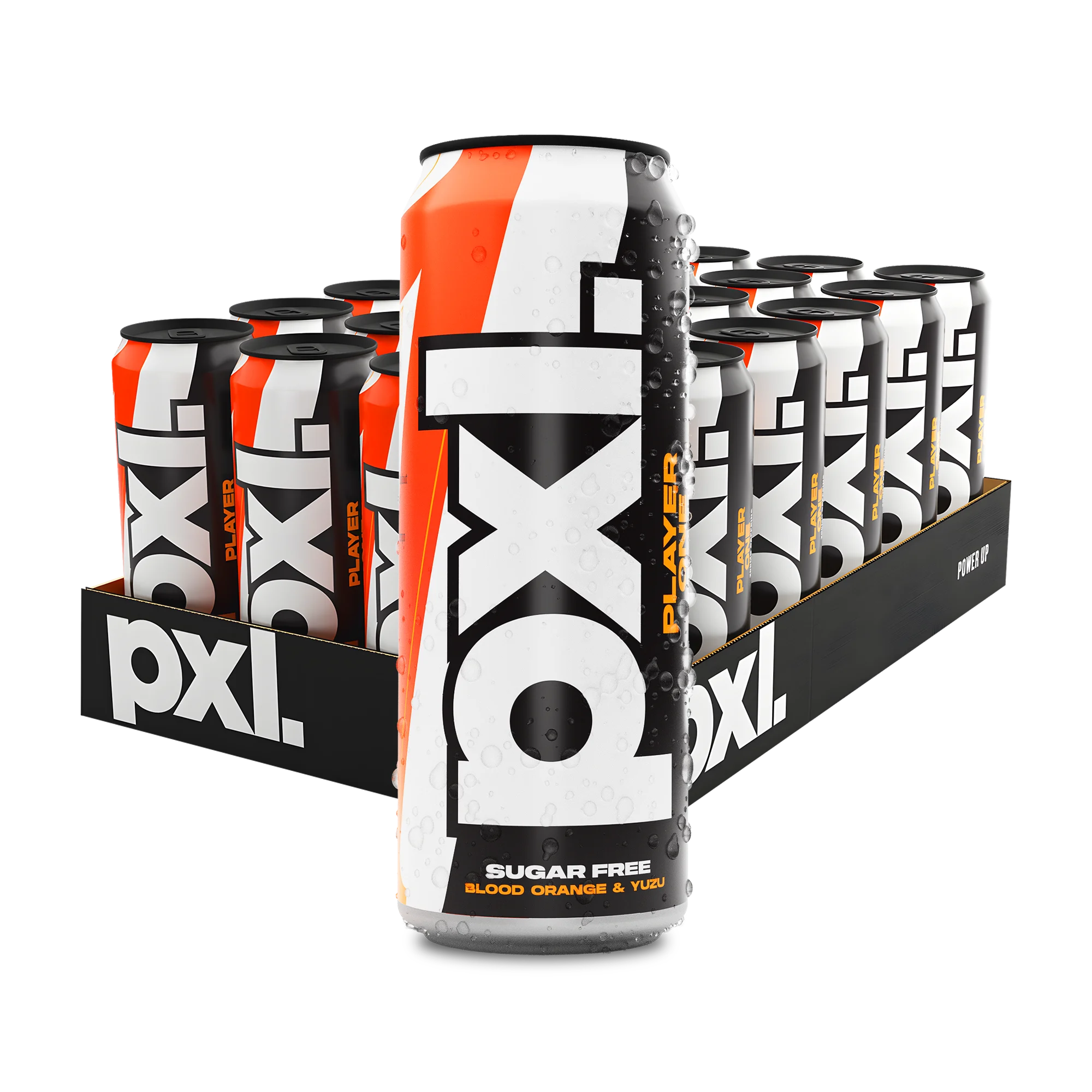 24 x PXL Energy 500 ml Player One energidryck i ett flak med vita, svarta och orangea burkar för smaken blodapelsin., bild 1 av 1