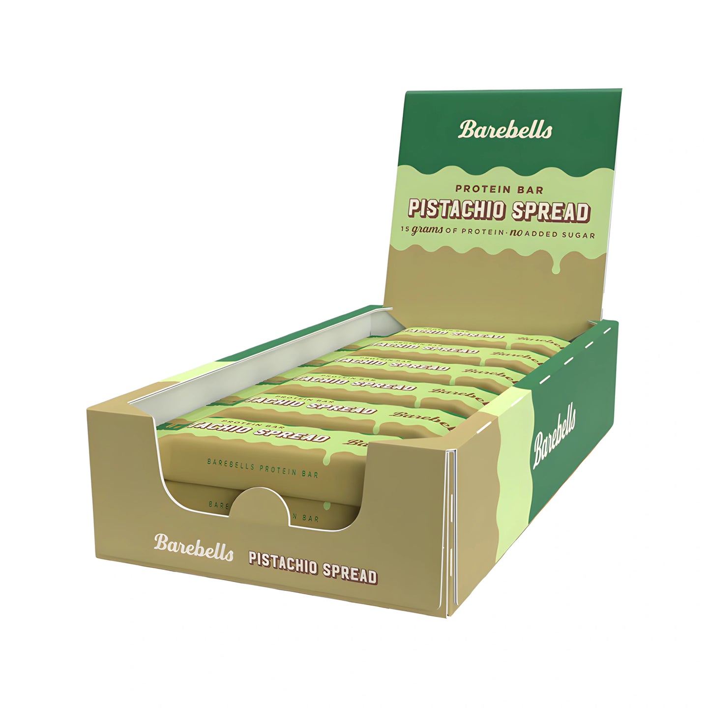 12 x Barebells Soft Protein Bar 45 g Pistachio Spread i en grön och ljusbrun displaykartong., bild 1 av 1