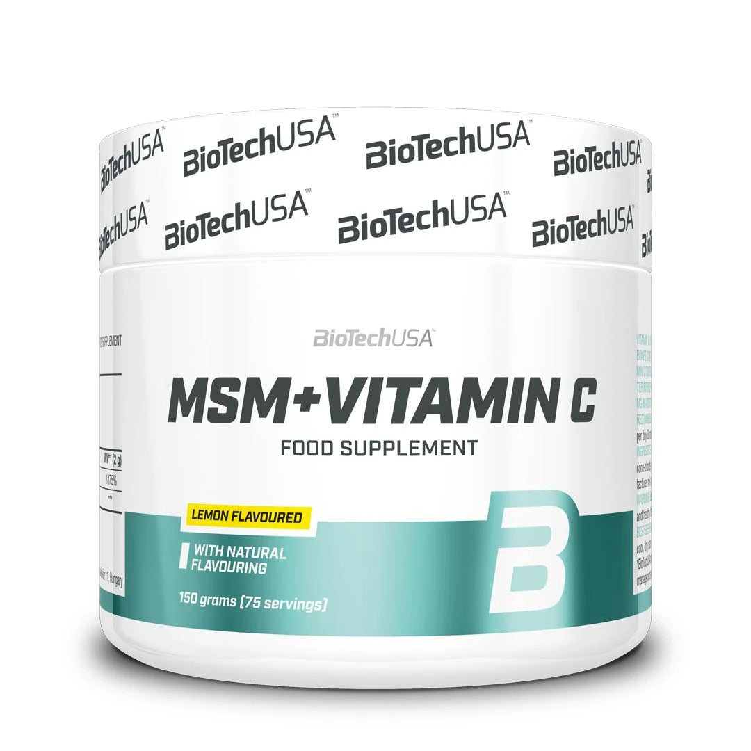 BioTechUSA MSM + Vitamin C 150 g kosttillskott i pulverform, förpackad i en vit burk med turkosa detaljer och smak av citron.