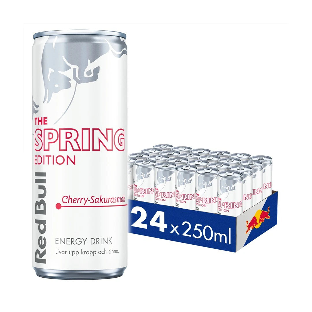 24 x Red Bull 250 ml Spring Edition Cherry-Sakura i ett blått flak med vita och rosa burkar.