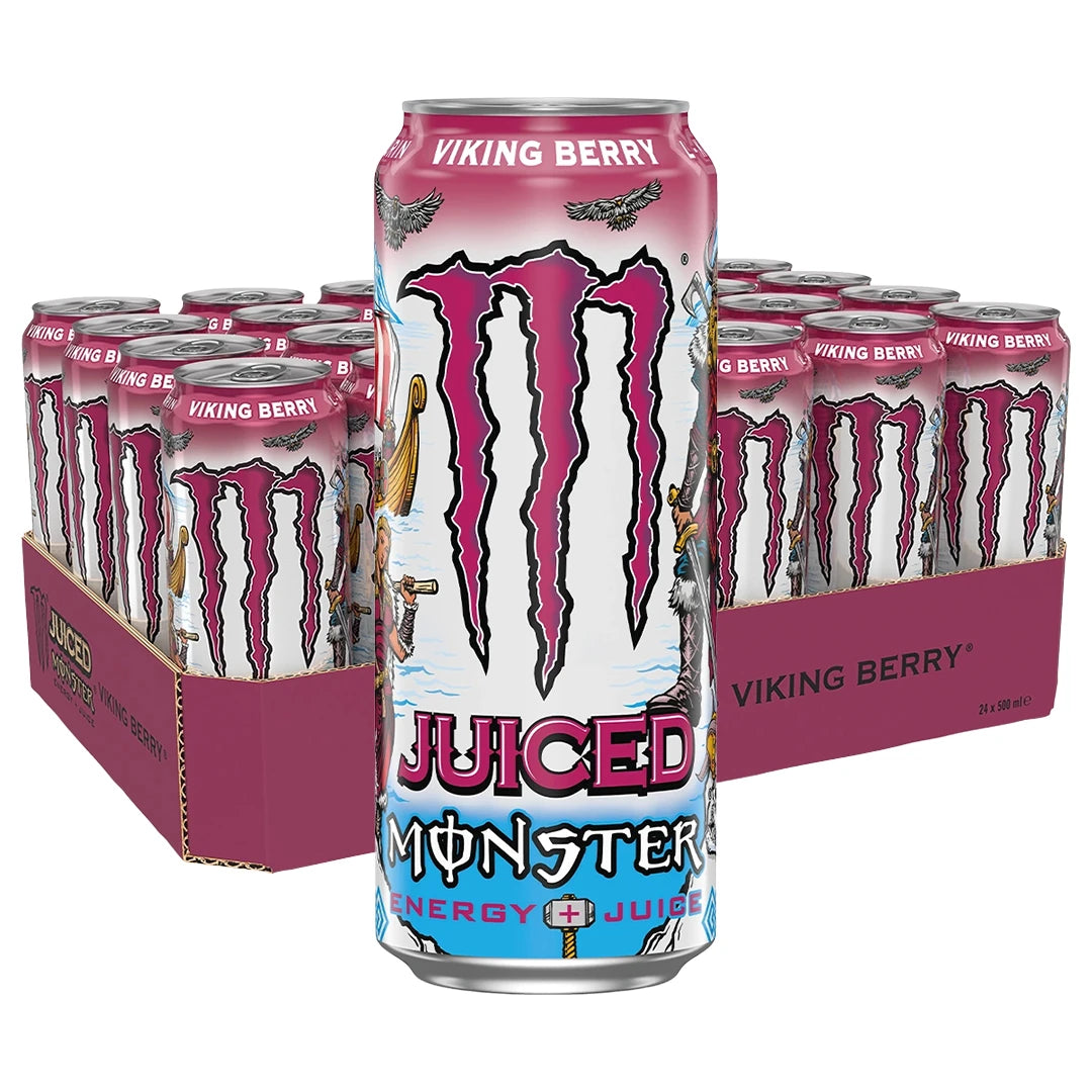 24 x Monster Energy 500 ml Viking Berry energidryck i ett mörkrosa flak med rosa och ljusblå burkar.