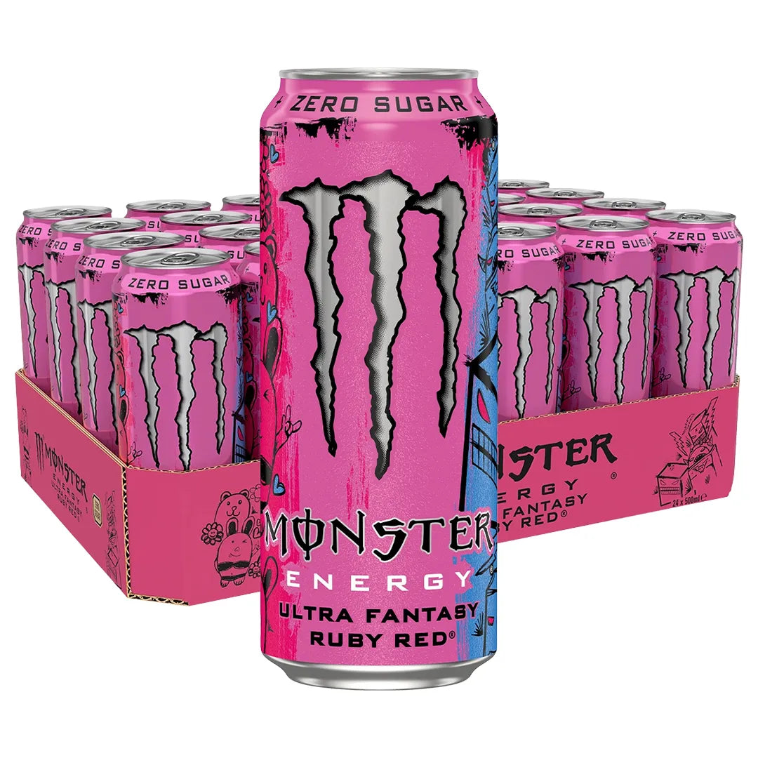 24 x Monster Energy 500 ml Ruby Red i ett rosa flak med burkar i rosa och silver.