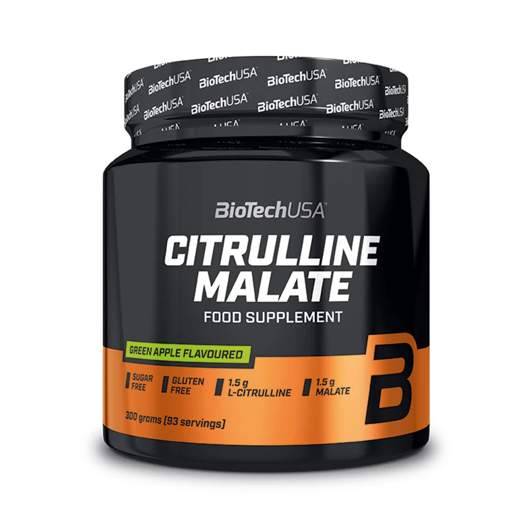 BioTechUSA Citrulline Malate Powder 300 g i en svart och orange burk med grönt äpple-smak.